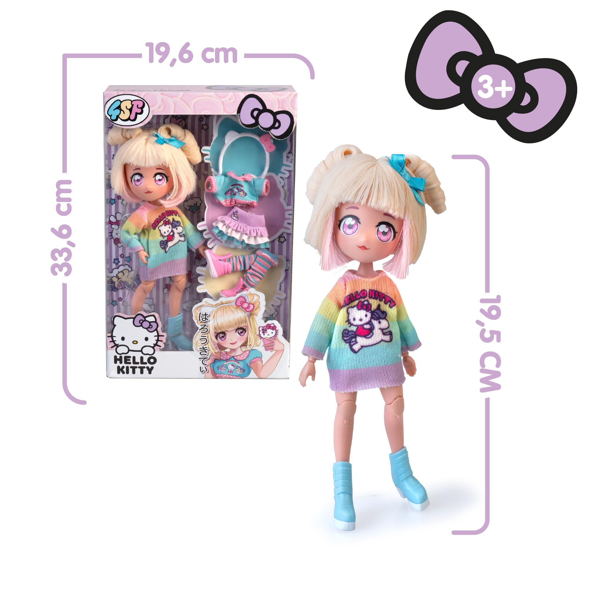 4SF - Hello Kitty Manga Fashion Unicorns, Muñeca Fashion Japonesa, Figura de 19,5 cm con 15 Puntos de Articulación, Incluye Falda Ra-Ra, Calentadores y Diadema con Orejas, Famosa (HKTF2000)