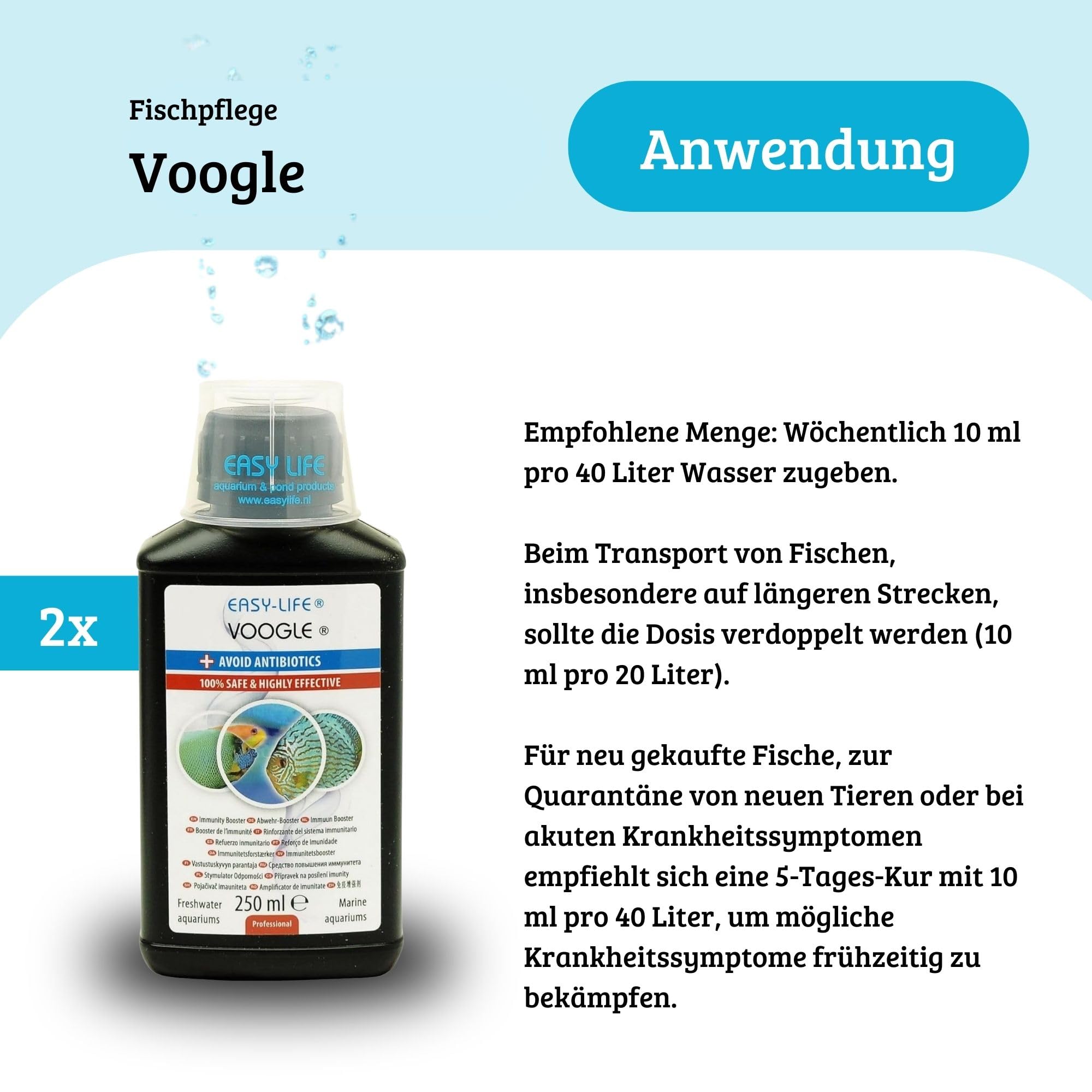 Easy Life Voogle 2er Pack – 2X 250 ml natürliche Immunstimulanz für Aquarienfische, stärkt Abwehrkräfte, schützt bei Stress & Krankheit, einfache Anwendung ohne Chemie