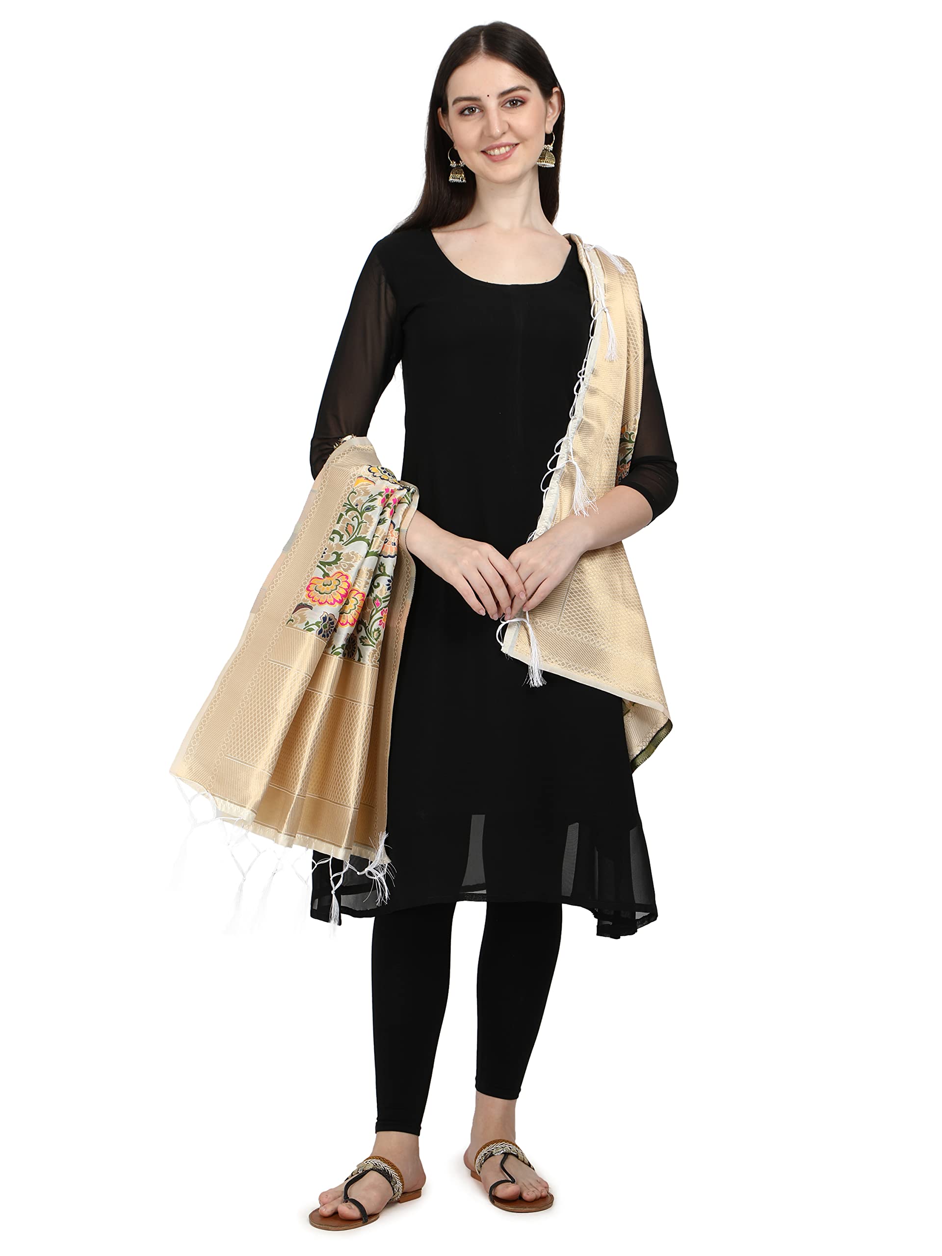 DEVANGI Women's Printed Banarasi Silk Dupatta Width 1 Meter, Length 2.5 Meter (OM-DT-11-WHITE) 2