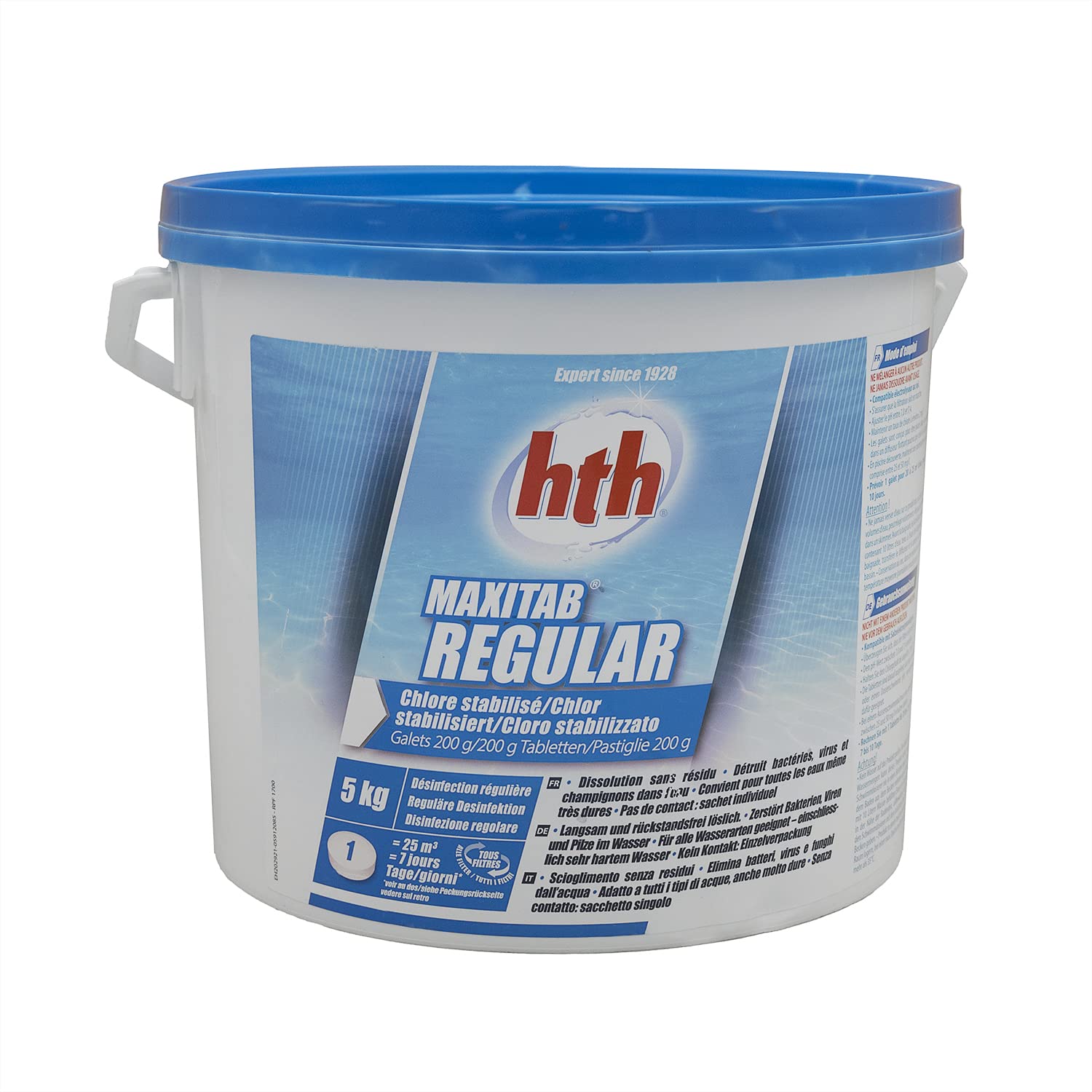 HTH MAXITAB Regular Galet 200g - 5kg | Chlore Lent Stabilisé - Désinfection Régulière - Dissolution Lente + 10 Tests HPS OFFERTS 6 en 1