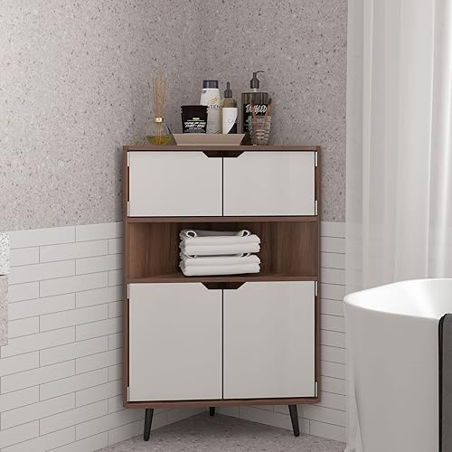 SogesHome Armario de esquina de madera para pared, mueble de almacenamiento para mesa, con puertas y estante abierto, para lugares pequeños, sala de