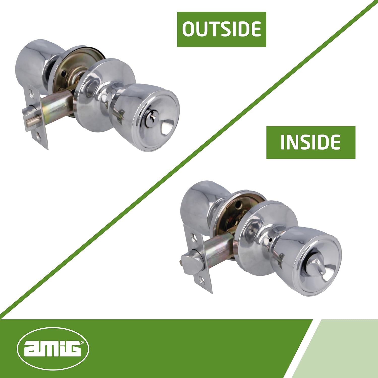 Amig - Entry Door Knob | Set of Cup-Type Knobs with Anti-Card System| Brass | Entry Handle 60/70 mm | Key and Lock | for Wooden Doors | Square Edge Handle | Gloss Chrome
