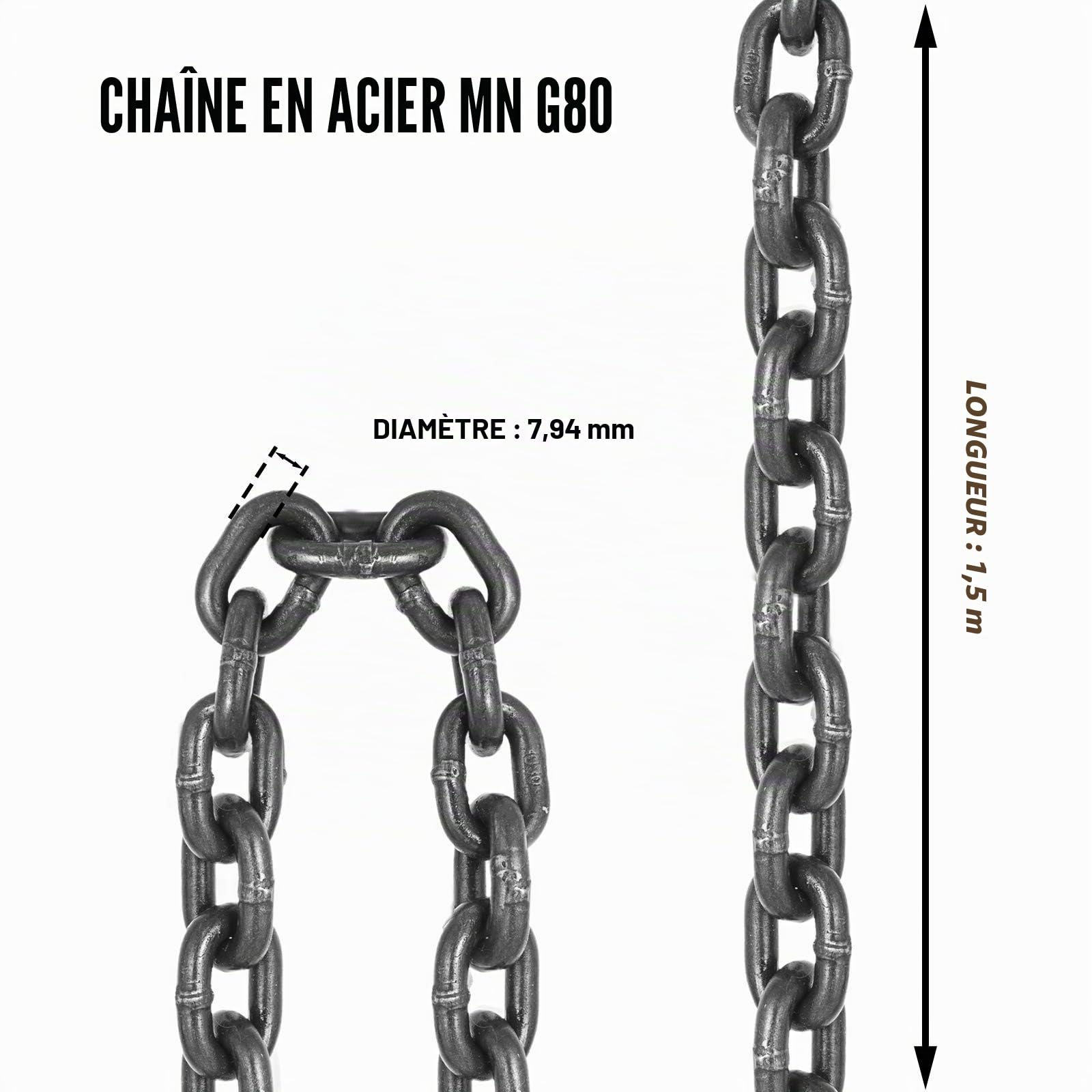 Happybuy Chaîne de Levage de Poids à 4Pieds Élingue en Acier Allié 1,5m Diamètre Chaîne 8mm Capacité Charge 5T Élingue de Chariot Élévateur Chaîne, Exploitation Minière des Ports de Construction G80