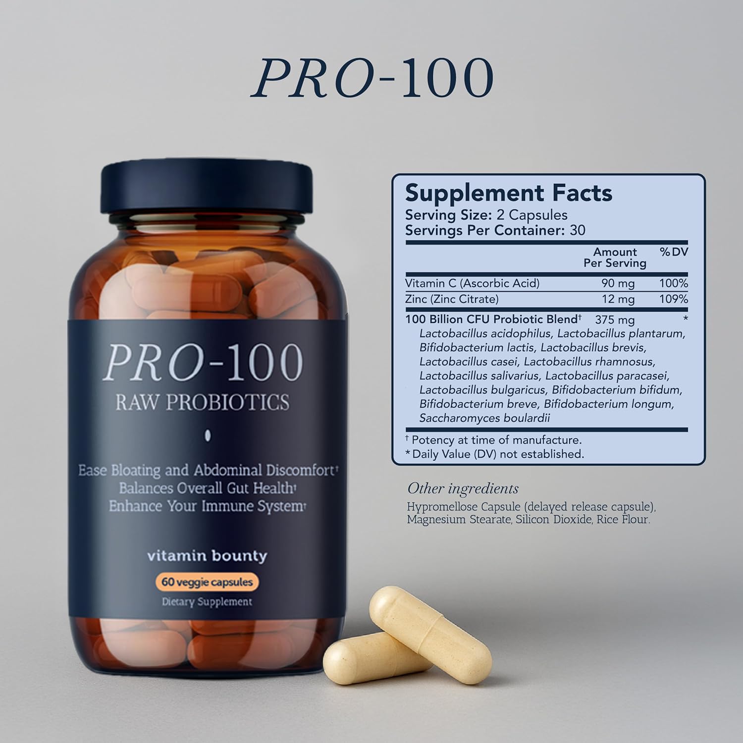 Vitamin Bounty Pro-100 Probiotic 100 Billion CFU - 13 Strains for Digestive Health & Immune Support - High Potency Probiotics for Women & Men - Delayed Release Capsules for Gut Health - 60 Count — Amazon image 3