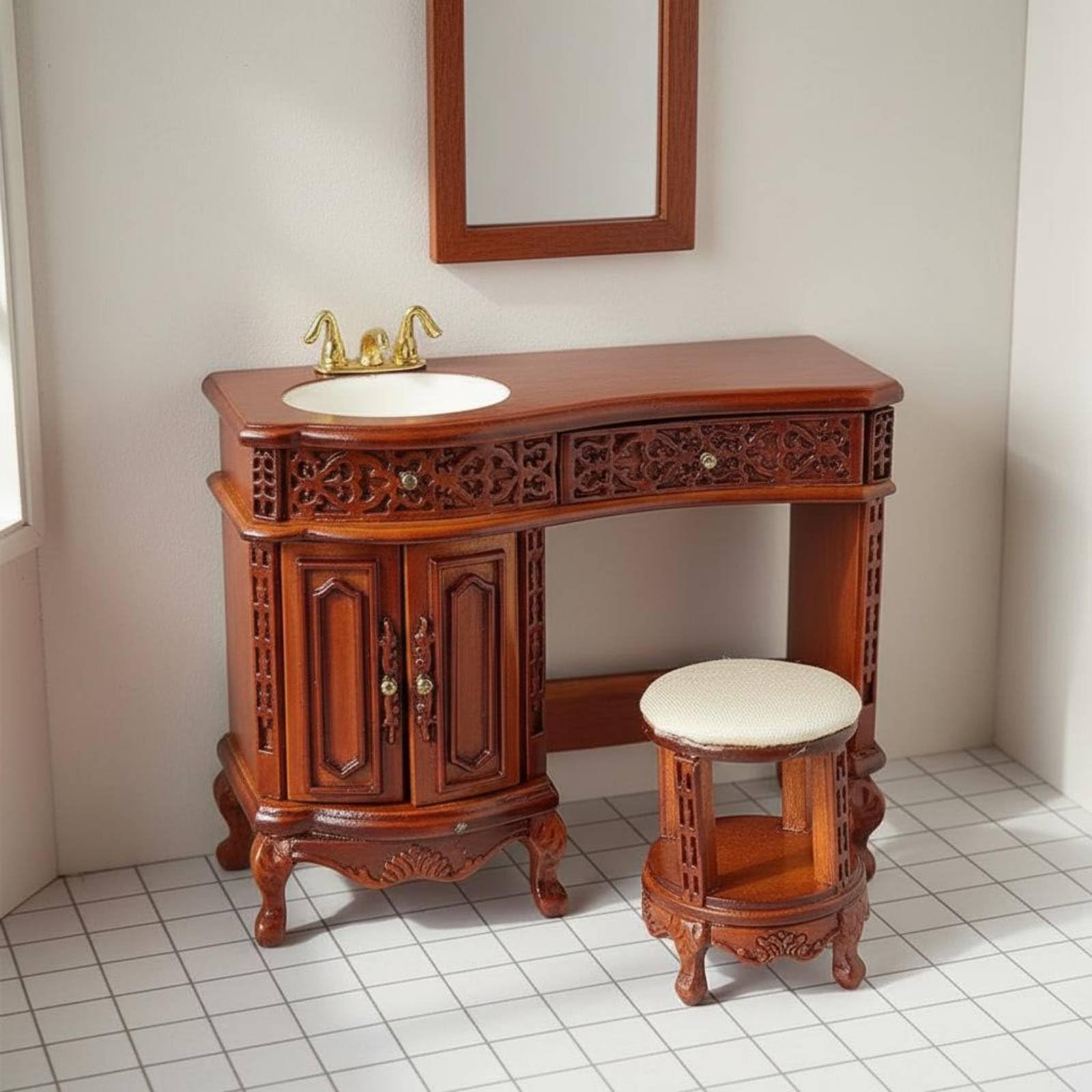 Toeletta in Miniatura per Casa Delle Bambole Toeletta Sgabello Mobile Lavabo Specchiera Legno Lucidato con Rubinetto Finiture Europee Cassetto