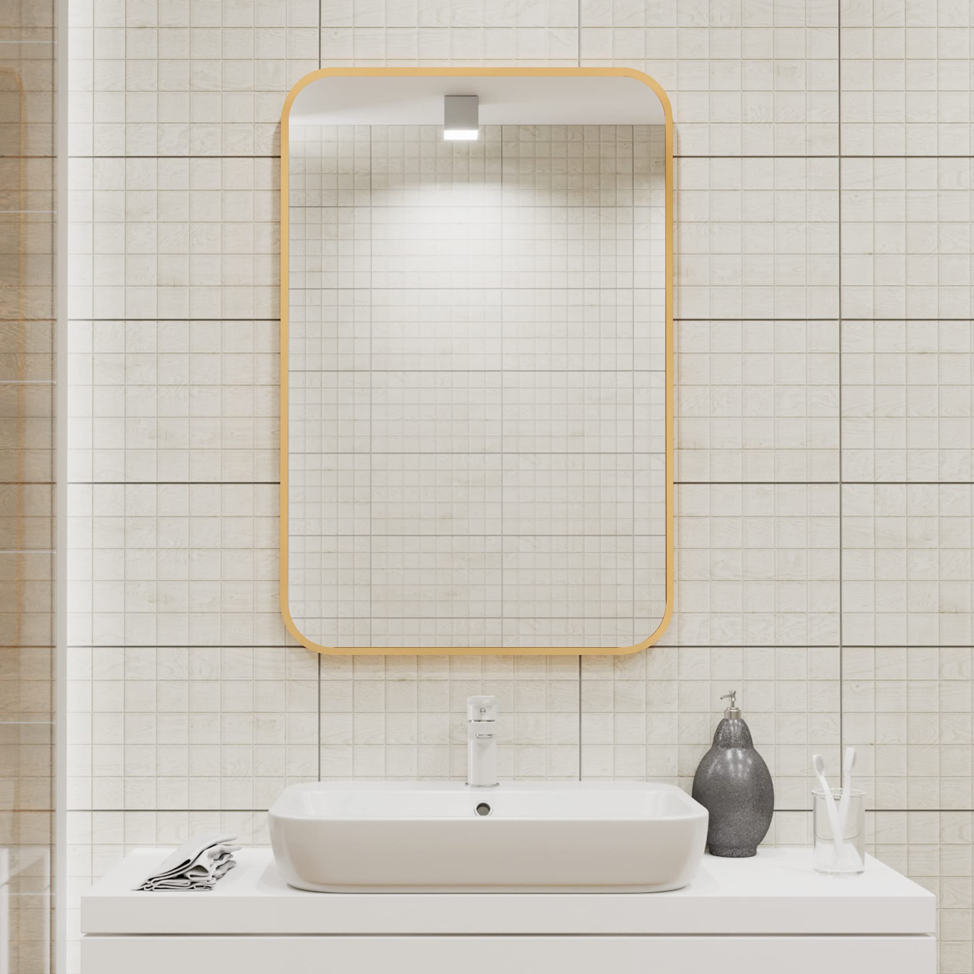 BEAUTYPEAK Wall Mirror 20" x 28" Rectangular Bathroom Mirror with Aluminum Alloy Frame, Rounded Corners Hanging Mirror for Living Room Bedroom Bathroom Entryway, Hangs Horizontal or Vertical, Gold