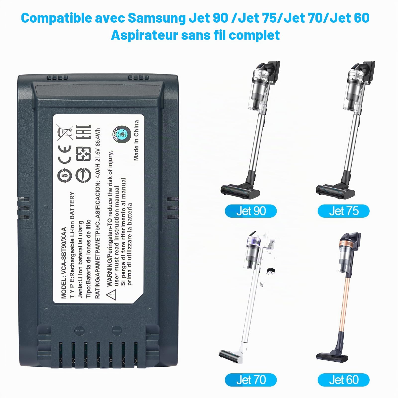 Batterie de remplacement 4,0 Ah pour aspirateurs à batterie Samsung Jet 60, Jet 70, 75, 75+ et Jet 90/90+, compatible avec les modèles VCA-SBTA60, VCA-SBT90 et VCA-SBT90EB