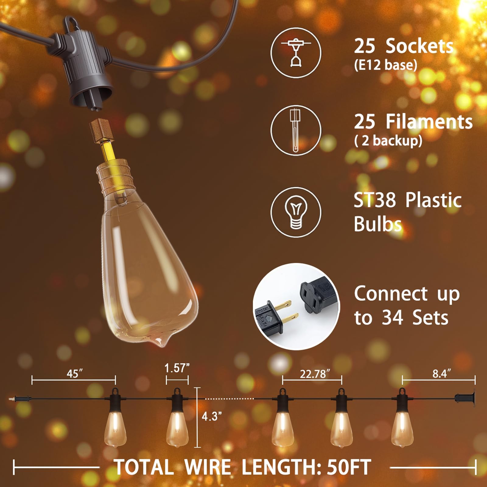 Łańcuch świetlny LED na zewnątrz, 30 m, IP65, do użytku na zewnątrz, 50 + 2 szt. 38, możliwość ściemniania, ciepła biel, 2700 K, odporny na warunki atmosferyczne, łańcuch świetlny na taras, do ogrodu