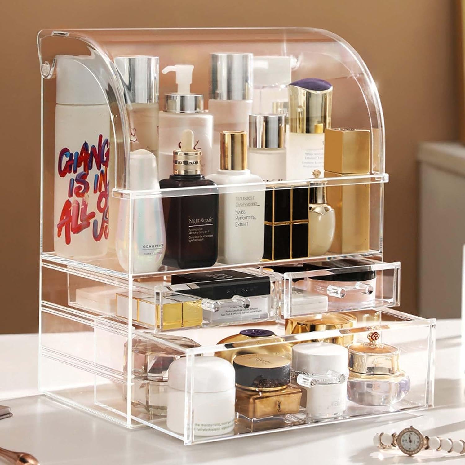 Organizador de almacenamiento de cosméticos, gran acrílico transparente con cajones, baño, tocador (transparente-XL)