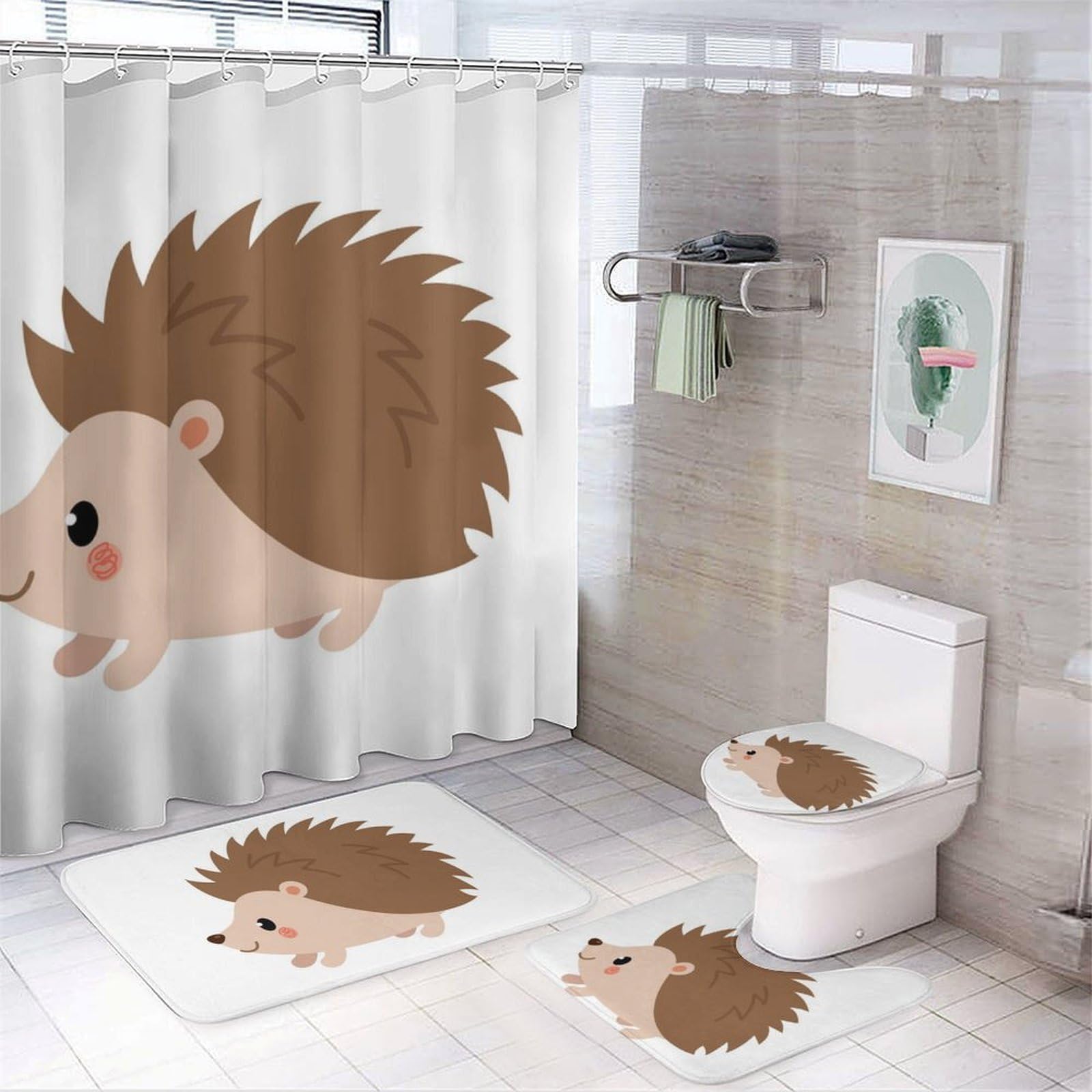 JiuPopular Bathroom Mat Set 4 Piece, Hedgehog Shower Curtain with Non-Slip Bath Mats for Bathroom