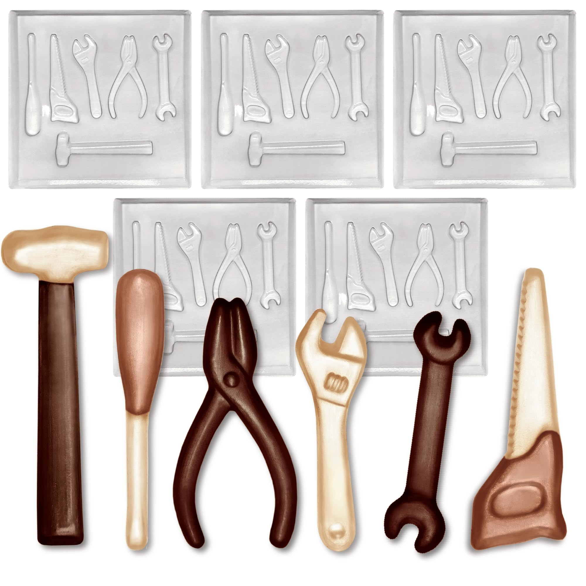 Plastic Mould for Making Chocolate Tools - (Mould only, Chocolate Tools not Included) - Father's Day - Hammer, Screwdriver, Spanner, Pliers, Wrench, Saw - 100g - (5 Sets)
