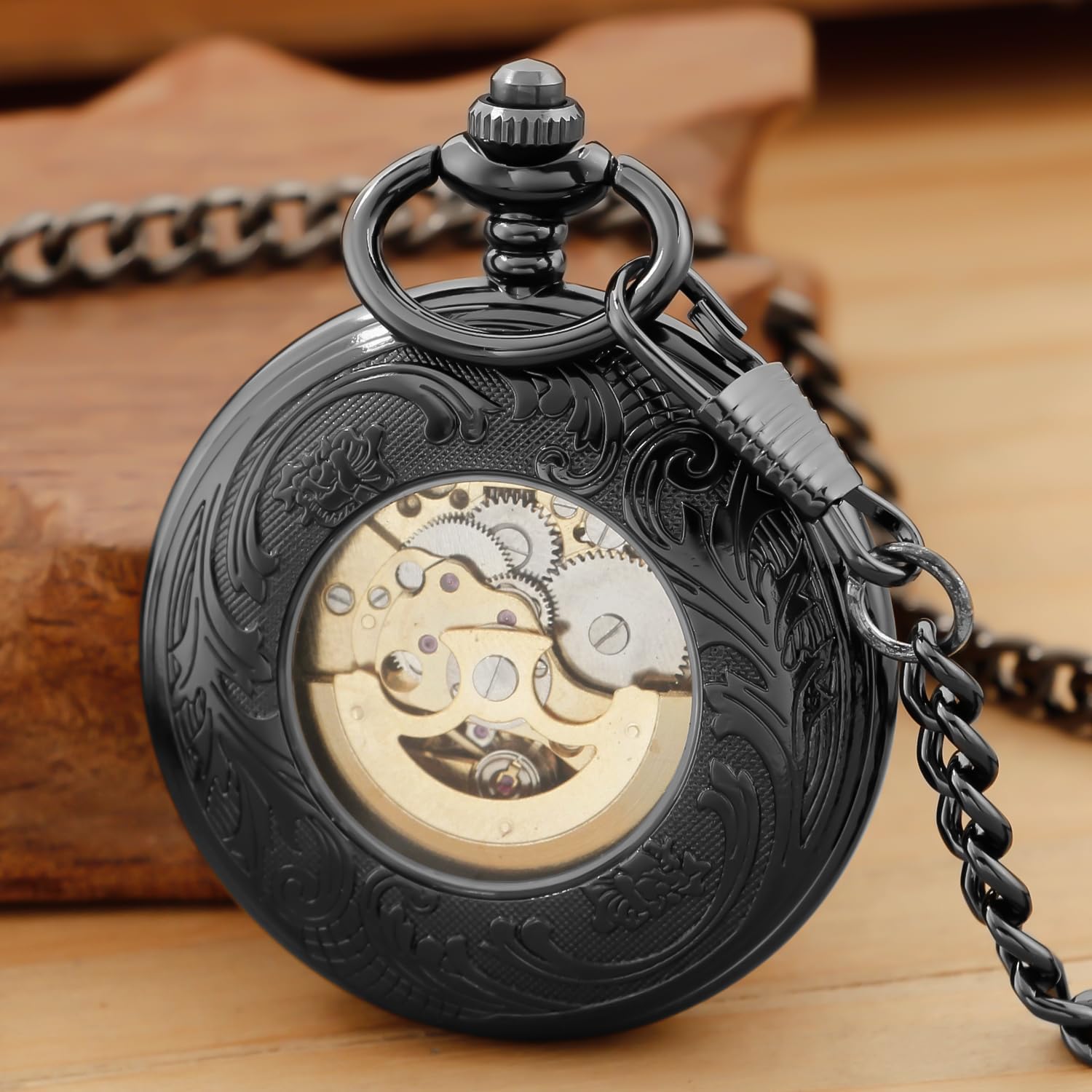 Tiong Orologio da tasca meccanico nero con numeri arabi, movimento meccanico da uomo, quadrante con numeri arabi, orologio da tasca con apertura singola