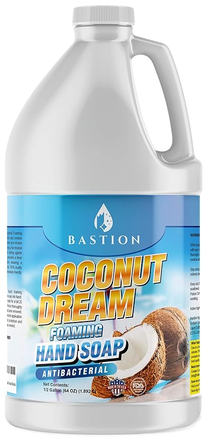 Bastion Antibacterial Foaming Hand Soap - Coconut Dream Hand Wash - Bulk 1/2 Gallon (64 oz) Refill Jug. Coconut Dream Scented. Non-toxic. Made in the USA.(Foaming Dispenser Required)