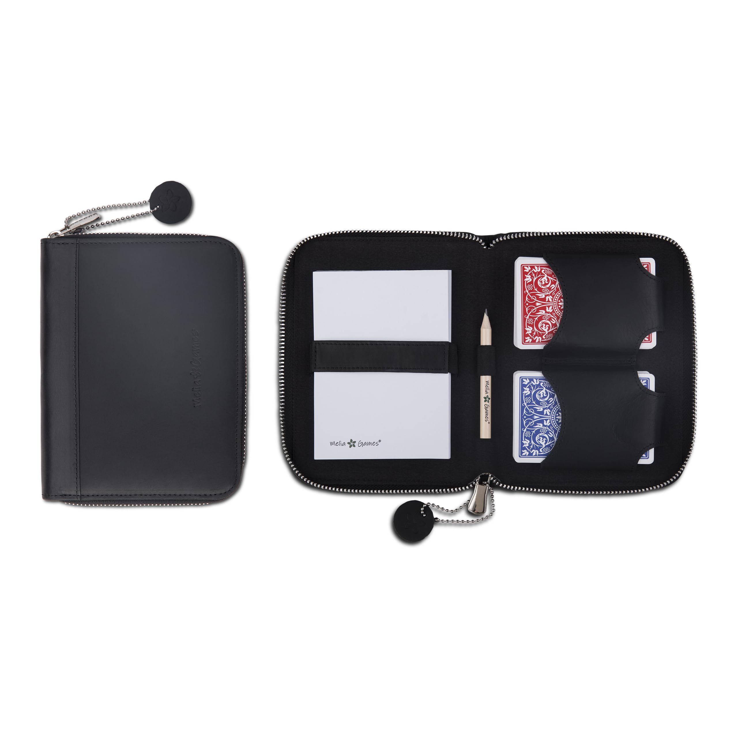 Melia Outlet Deluxe zestaw kart do gry ze skóry – etui na karty premium z 2 przegródkami na karty, notatnikiem i ołówkiem – luksusowy zestaw kart do pokera, remika i skat – etui z prawdziwej skóry
