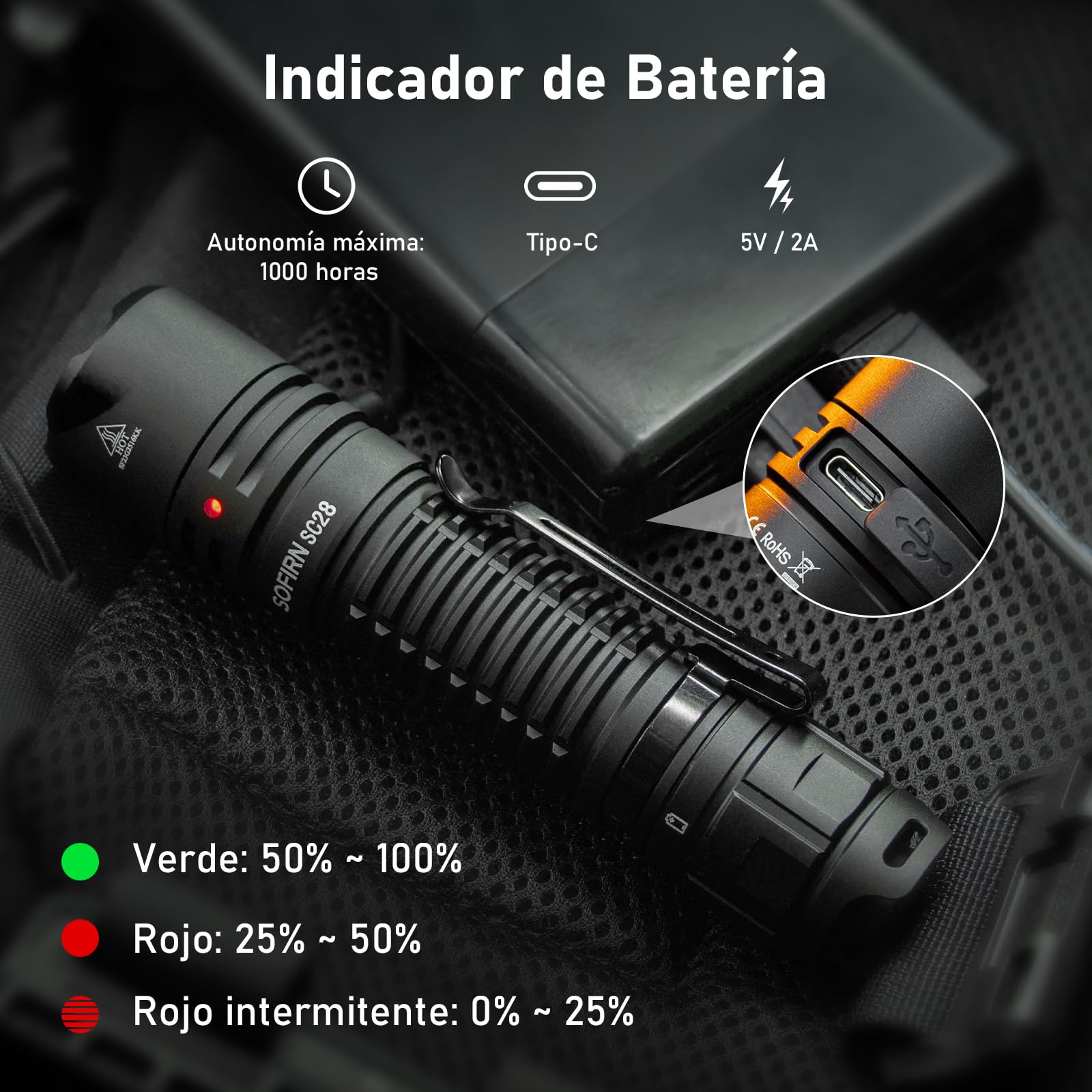 Sofirn SC28 Linterna LED Recargable,Táctica Linternas LED alta Potencia con Estroboscópico Instantáneo,USB-C, Impermeable IPX8, Clip, Ideal para Camping, Senderismo, Emergencias y Seguridad