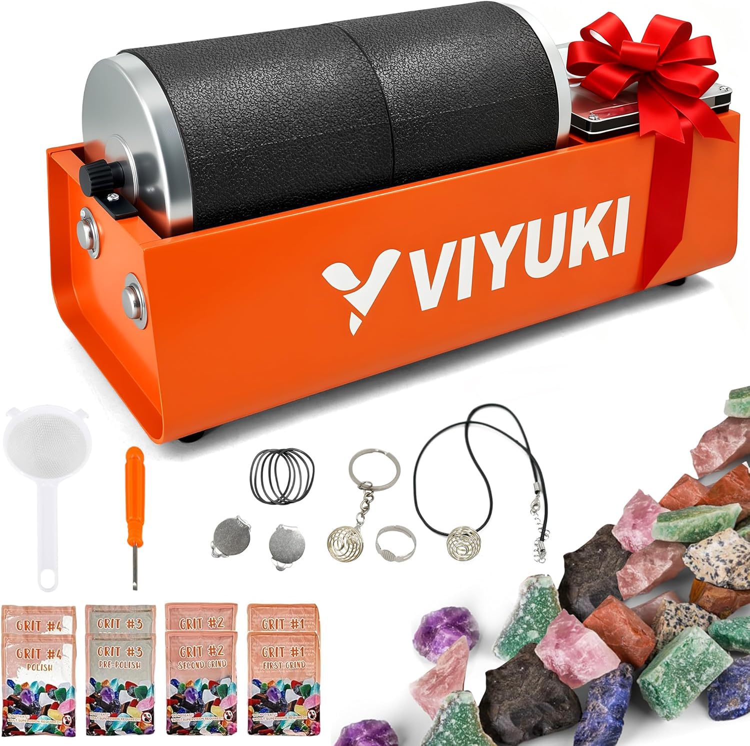 Professional Rock Tumbler Kit - Double Drum 6LB Lapidary Polisher for Adults (Double Barrel), Includes Rough Gemstones, 8 Polishing Grits, Jewelry, Learning Guide, Great Stem Science Kit