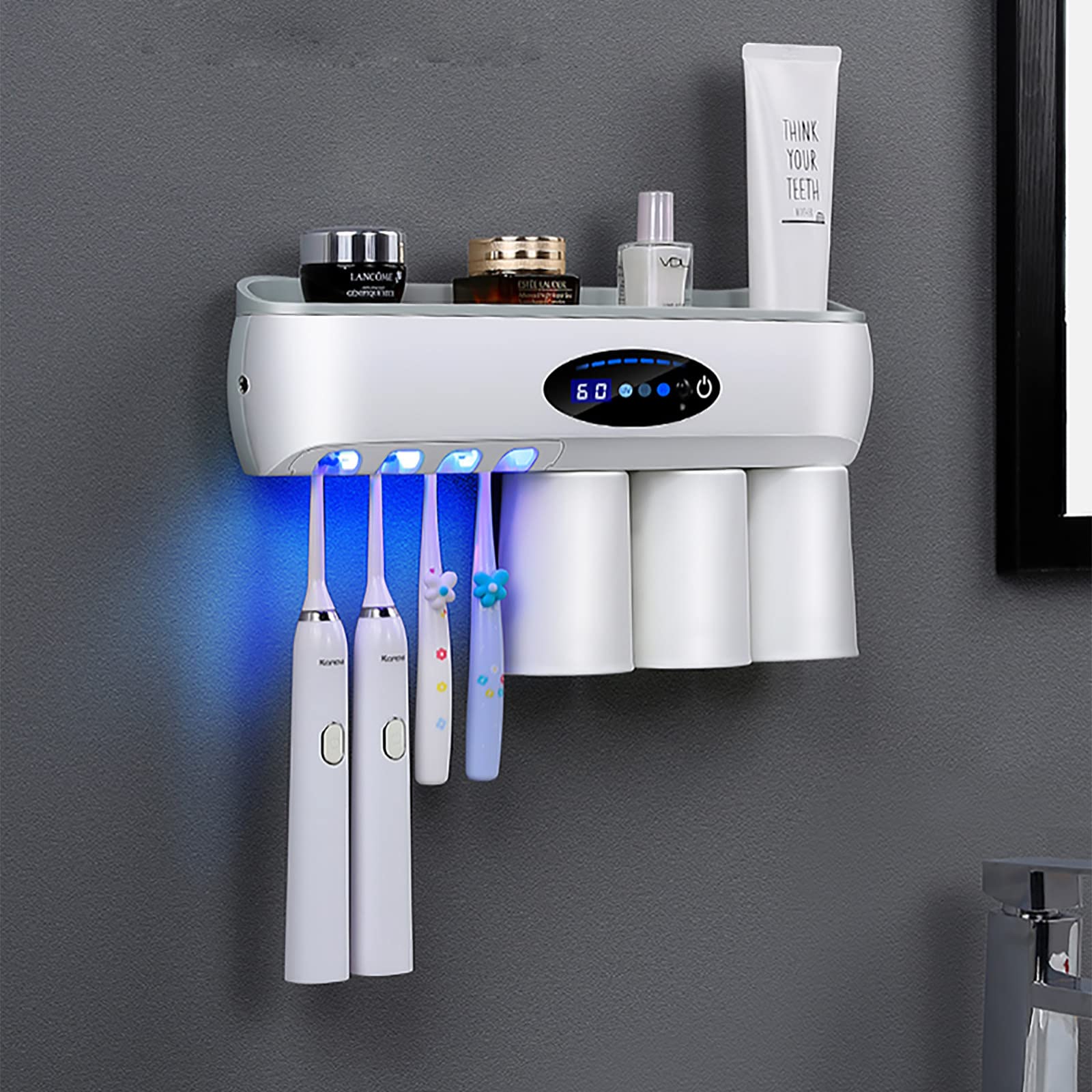 Porta Cepillo de Dientes, Soporte Cepillo de Dientes con Función Esterilizador Secado, LED Estuche Cepillo Dientes con Luz Nocturna, Organizador Baño USB Recargable Blanco