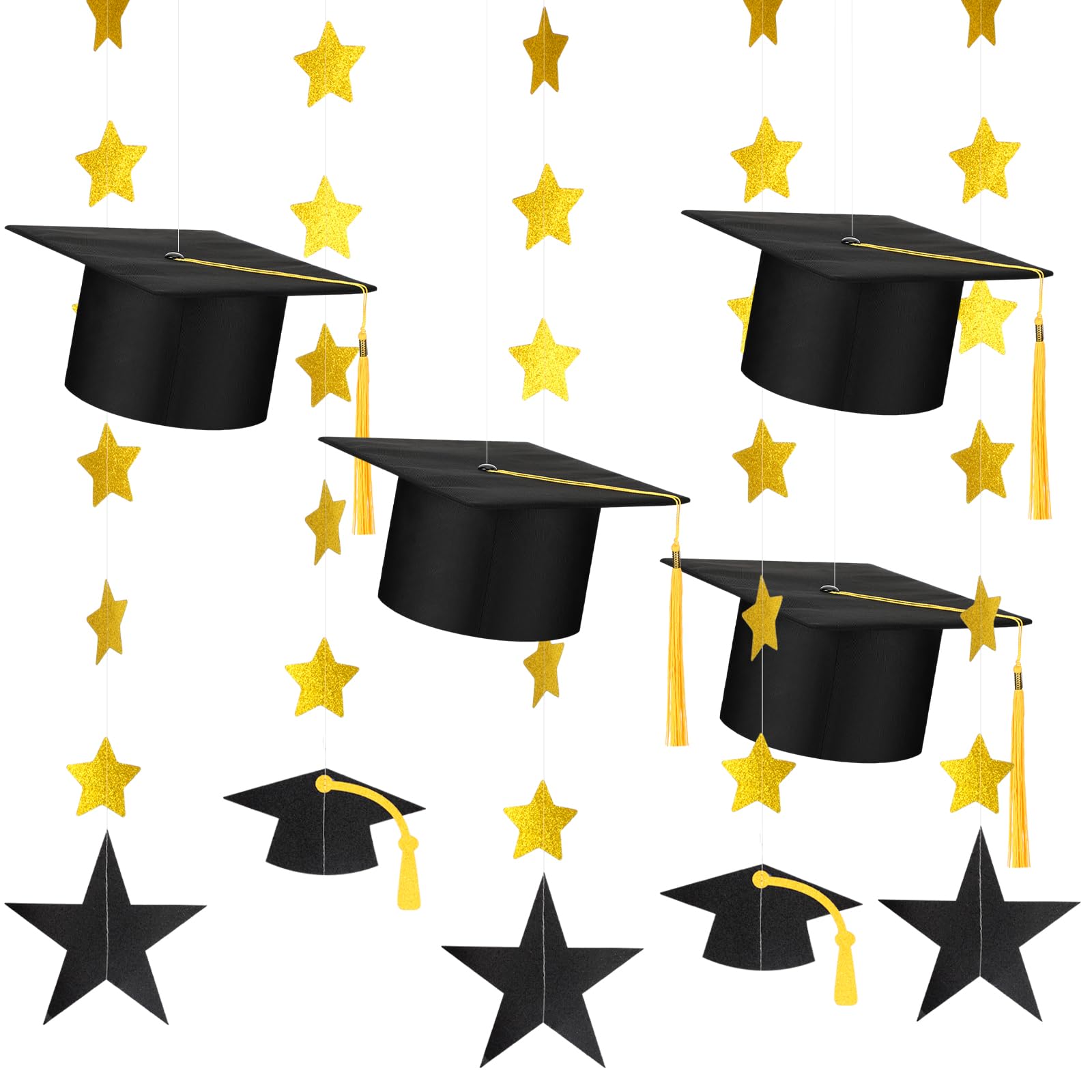 Shyyween 9 Pcs Gold Black Hanging Graduation Caps Decoration Sets 2026 Grad Cap Garland Kit Congrats Grad Banner Party Supplies Graduation Decoration