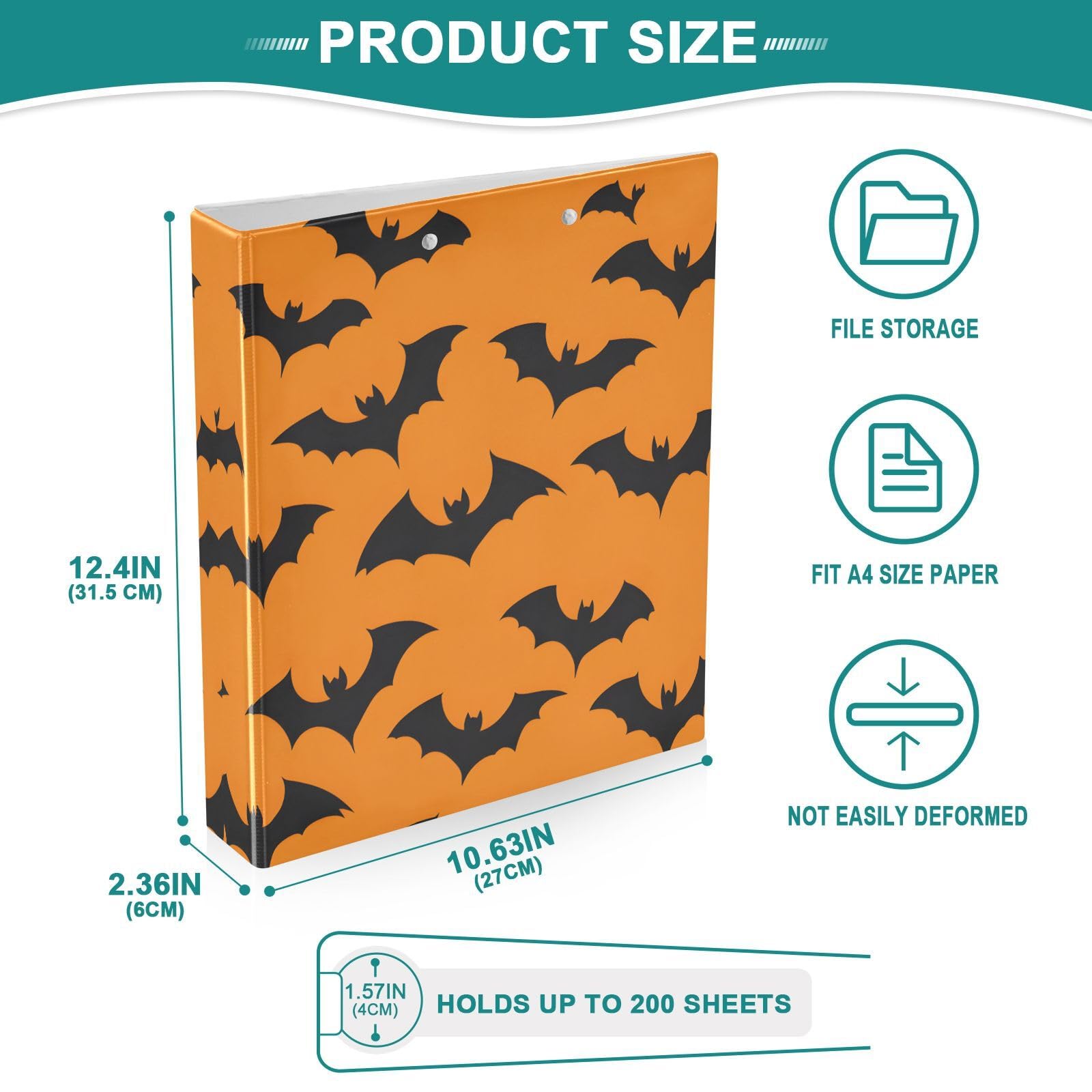 Confezione da 2 raccoglitori a 3 anelli, motivo pipistrelli di Halloween, 3,8 cm, con 3 tasche trasparenti, portablocco e contiene 200 fogli, per ufficio, scuola, organizzazione domestica