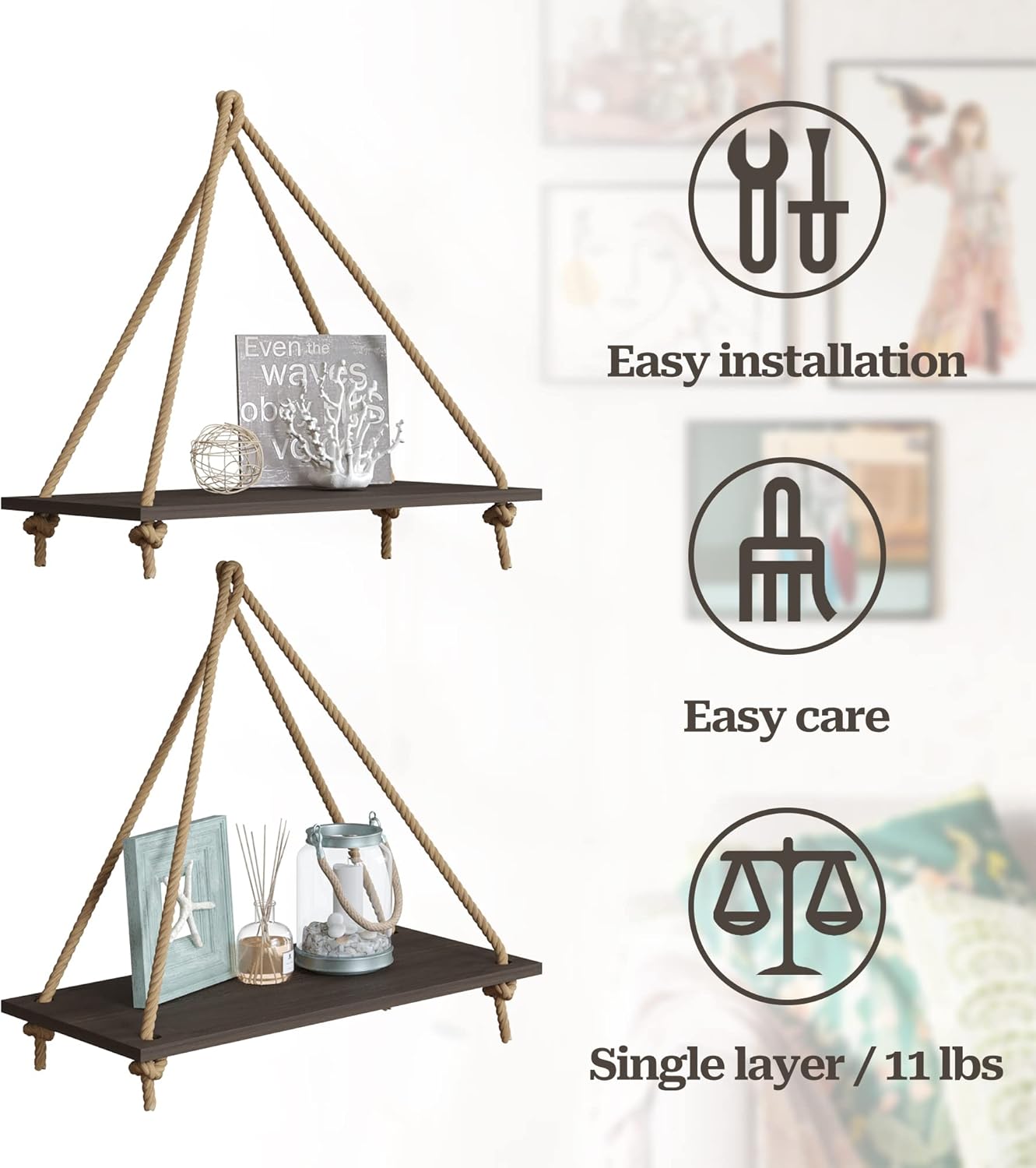 BAMFOX Hanging Wall Shelves,Swing Rope Floating Shelf,Bamboo Hanging Storage Shelves for Living Room/Bedroom/Bathroom and Kitchen,Set of 2