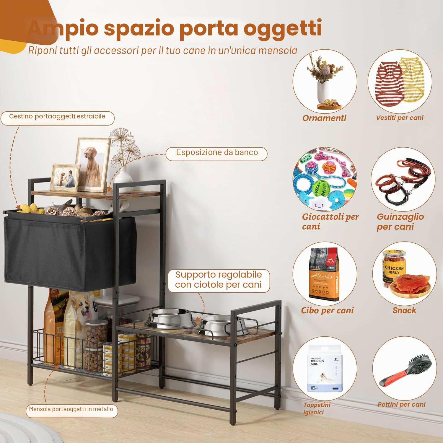 Bikoney Supporto Rialzato per Ciotole Cani con Cestino, Solo Supporto | Altezza Regolabile per Postura Corretta, Cestino Salvaspazio, per Cani Medi e Grandi, Struttura Stabile