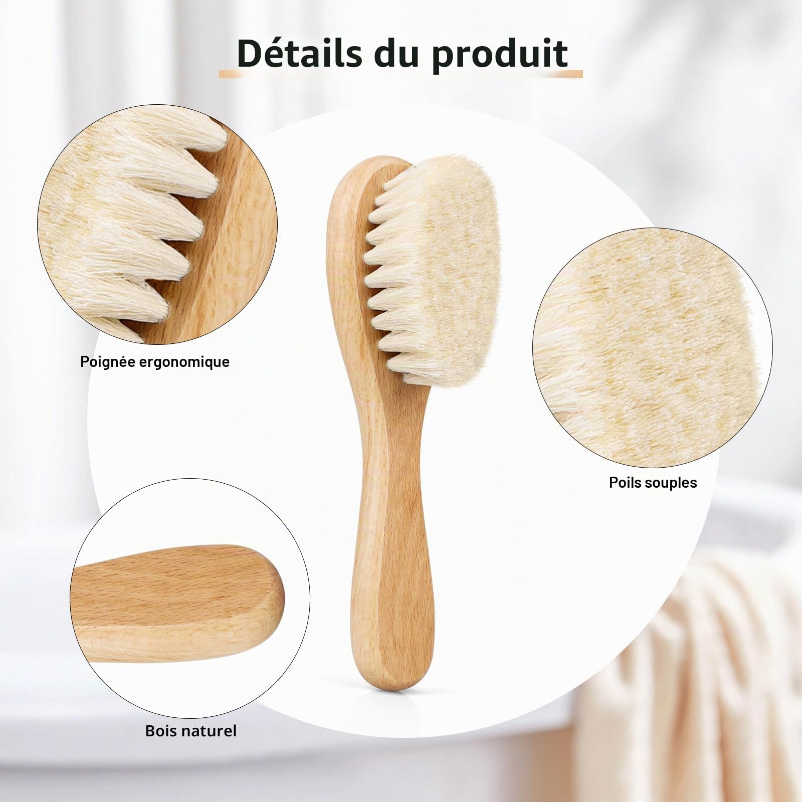Brosse cheveux bebe, à cheveux Poils de chèvre doux Premium Brosse à bébé en bois pour Cradle Cap, garçons et filles, pour enfant et nouveau-né, Vert Brosse de chapeau de berceau