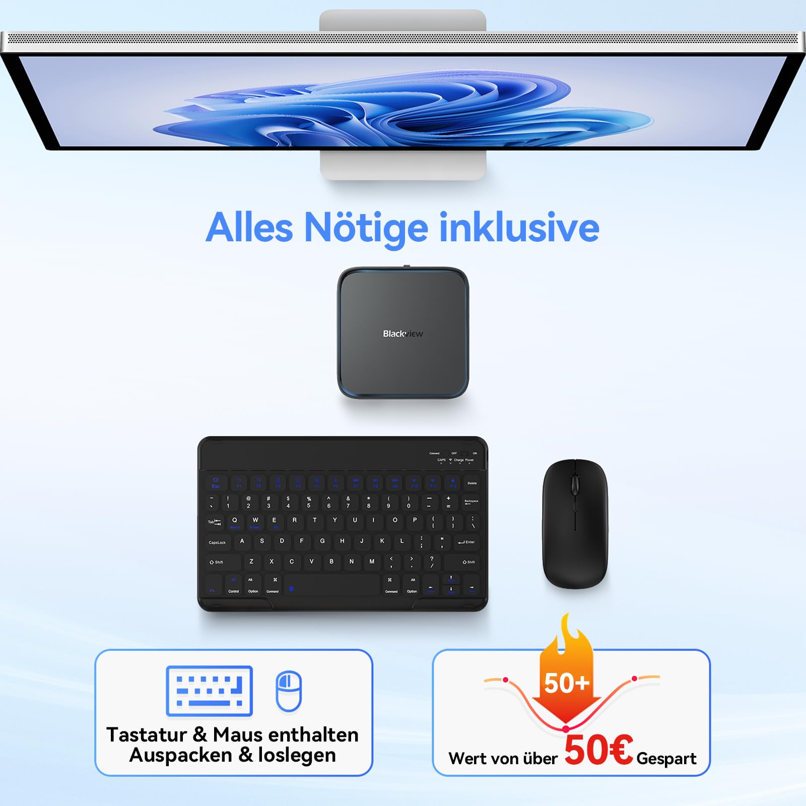 Blackview Mini PC MP50 mit Tastatur und Maus, AMD Ryzen 5, Radeon Vega 8 Grafik, 16GB RAM+512GB SSD Win 11 Pro, 4K UHD, Ultra-leiser Kompakter Desktop PC für Office/KI-Workflows, 3 Jahre Garantie - 3