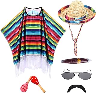 Mexican Poncho and Sombrero Set for Adults,7Pcs Mexican Party Costume Set Includes Mexican Fiesta Serape Poncho Sombrero Hat Sunglasses Fake Mustache Maracas Stick Prop for Cinco De Mayo Costume