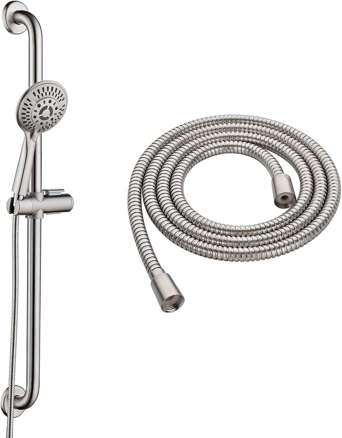 BRIGHT SHOWERS Stainless Steel Slide Bar Grab Rail Set Ada compliant and Matching 79 Inches Cord Extra Long Stainless Steel Hand Shower Hose