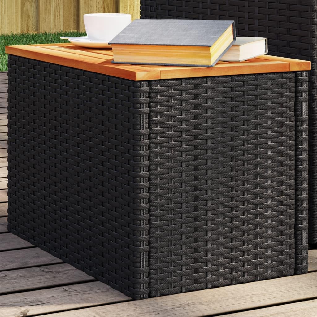 SXZenSpace Set of 2 Garden Side Tables 55x34x37 cm Black PE Rattan Solid Acacia Wood Top Outdoor Coffee for Patio Balcony Camping