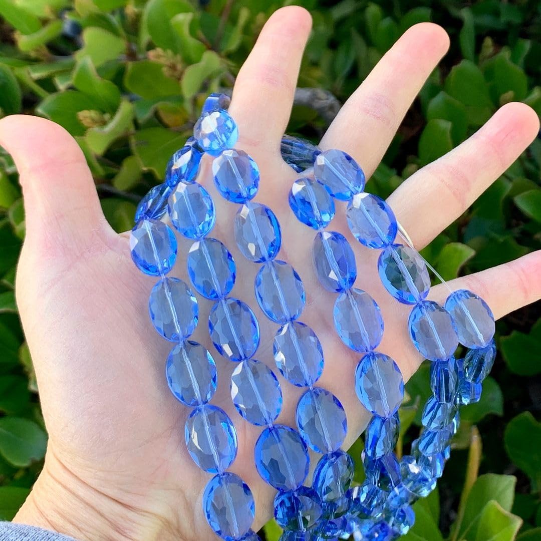 150pcs Czech 16mm Large Faceted Flat Oval Crystal Glass Loose Beads Spacer Bulk Light Sapphire Blue for DIY Jewelry Craft Making CCO-14