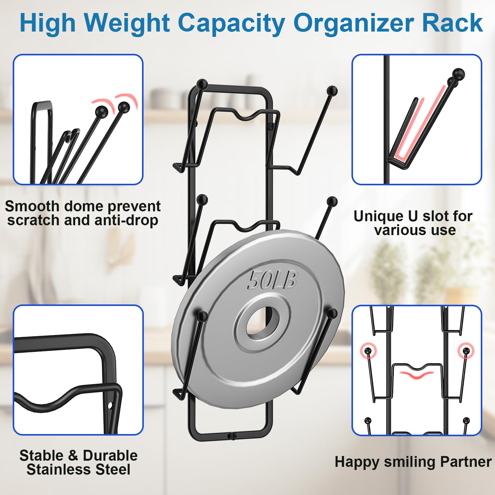 Paquete de 2 estantes organizadores para tapa de olla, 6 niveles para puertas de gabinetemontaje en pared, soporte reutilizable para tapa de olla para almacenamiento de cocina con adhesivo sin