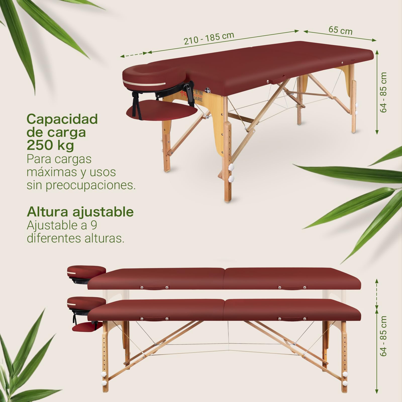 Zen – Camilla Masaje Plegable Mobile Startup de Altura Regulable - Camilla estetica sólida de Madera Maciza - Camilla Plegable con cabecera Regulable, reposabrazos y Bolsa de Transporte Burdeos