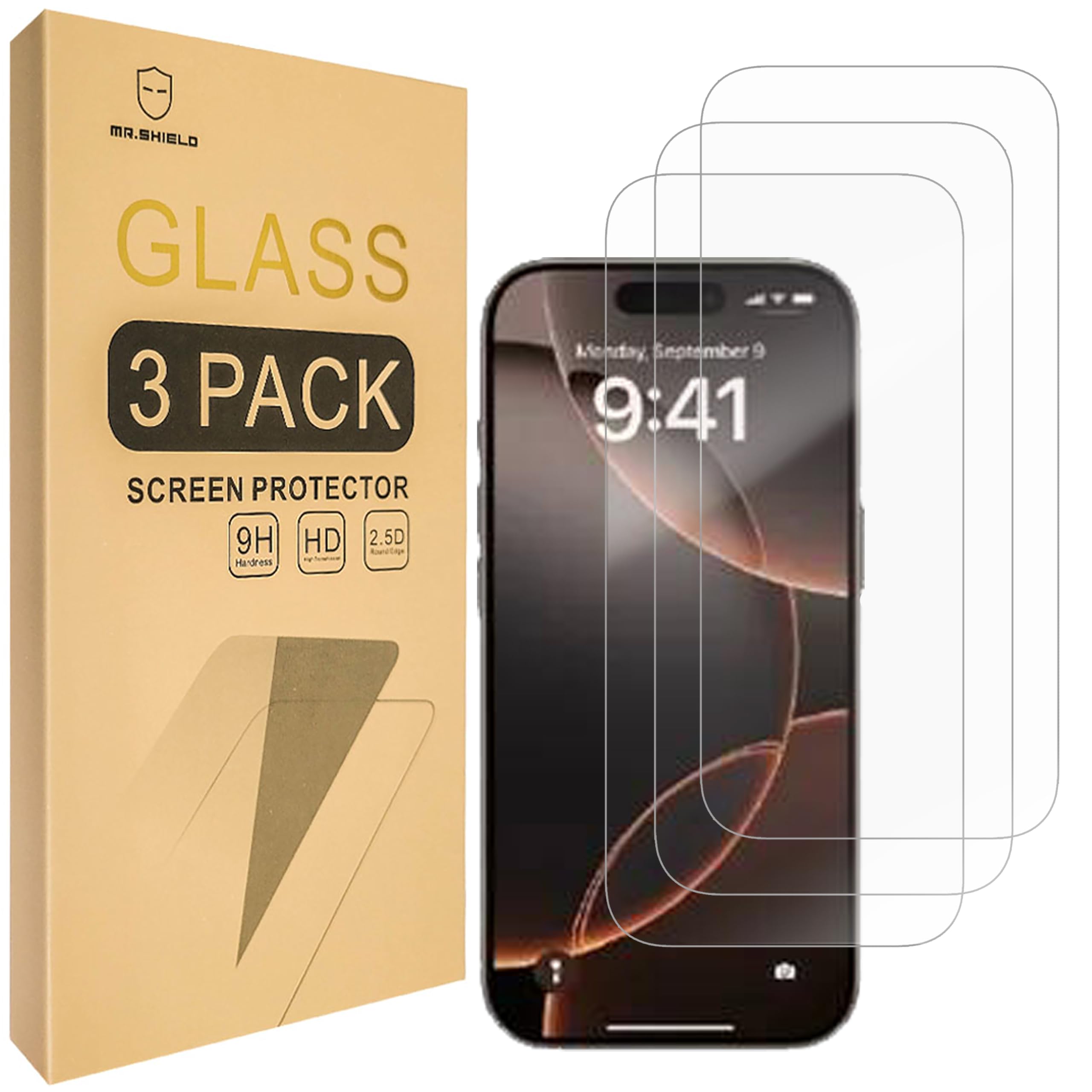 Mr.Shield Screen Protector compatible with iPhone 16 Pro [6.3 Inch] [Tempered Glass] [3-Pack] [Japan Glass with 9H Hardness]
