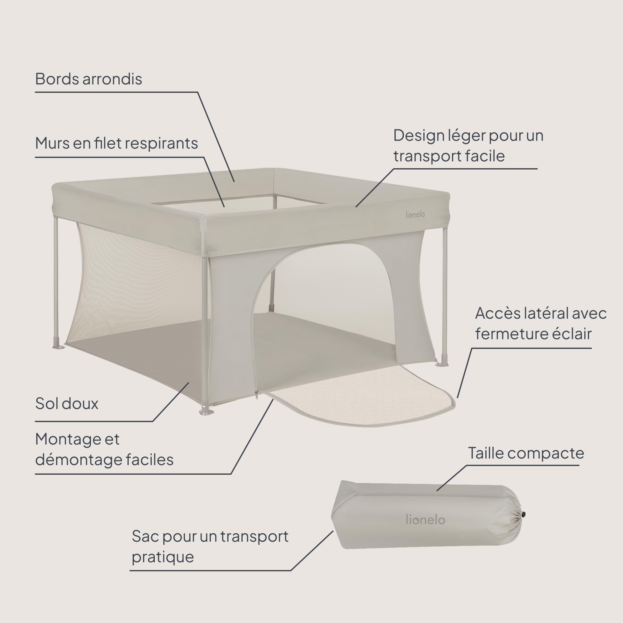 Lionelo Paco Parc Bébé Pliable 111 x 111 cm (0-48 Mois), Léger 4,1 kg | Pliage Rapide sans Outils, Entrée Latérale Zippée, Filets Respirants, Format Compact, Sac de Transport Inclus, jusqu'à 15 kg