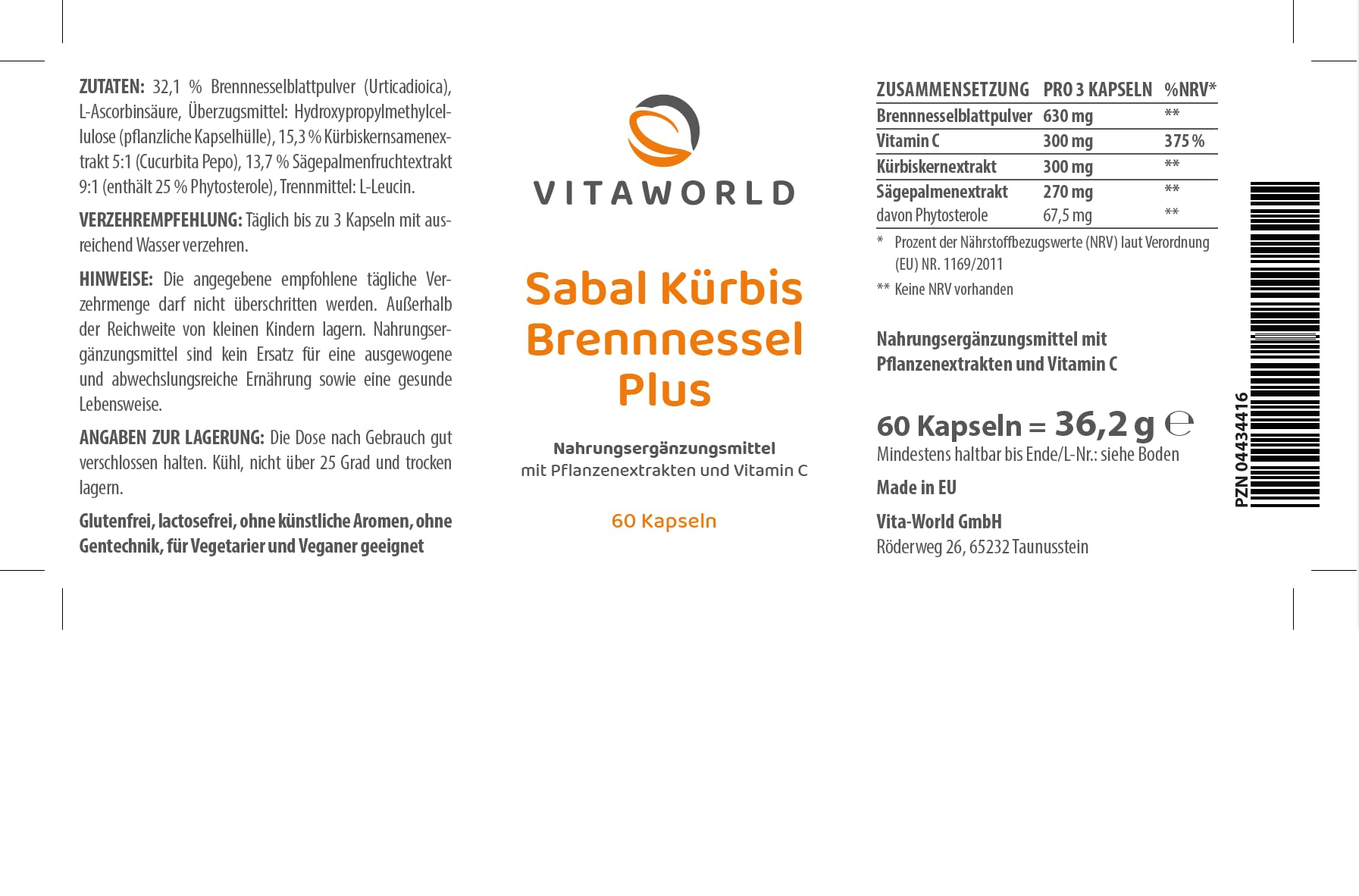 3er Pack Vita World Sägepalme Sabal-Kürbis-Brennessel Plus 180 Kapseln Apotheker-Herstellung