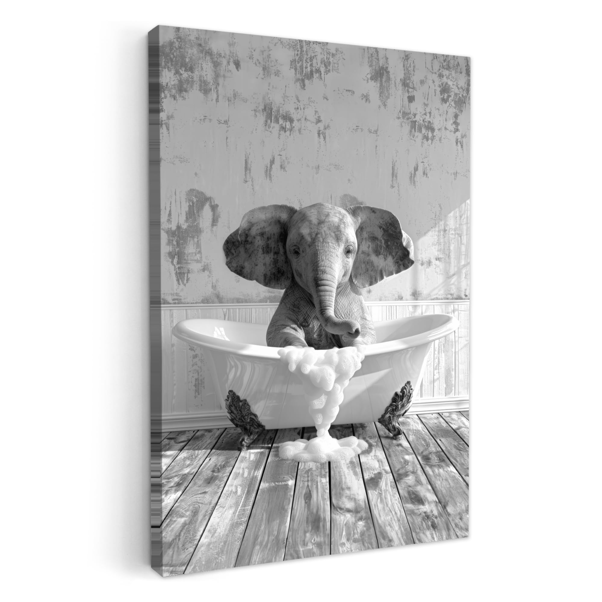 MuchoWow© Canvas Wall Art 20x30 cm Decor Paintings Prints framed on Canvas Decorations Wallart Elephant - Vintage - Black and white - Animals - Bathtub — image 1