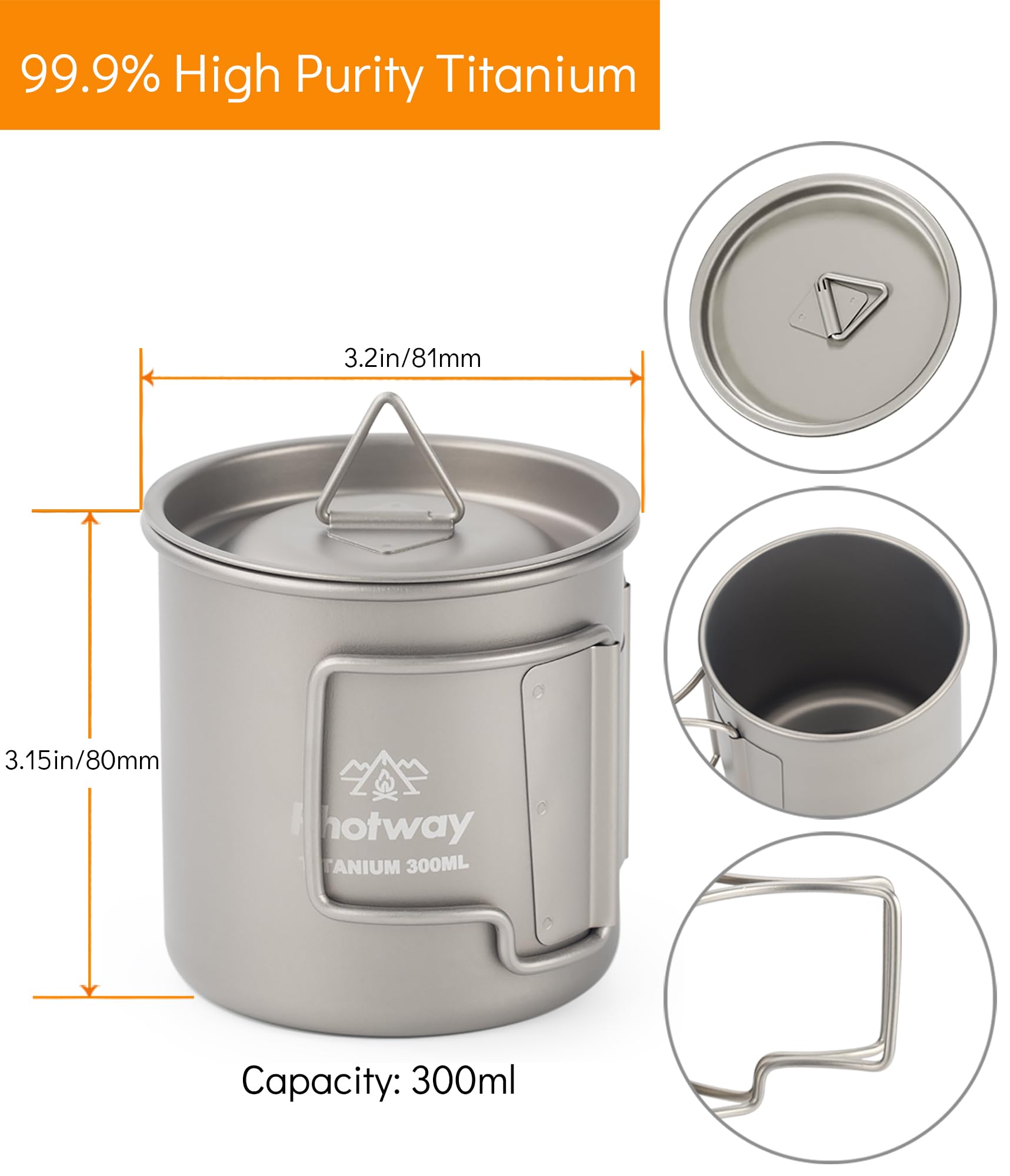 photway Camping Titanium Mugs Cups 300ml Camp Coffee Mug with Lid - Ultralight Backpacking Camp Cup for Hiking Backpacking Camping Open Fire