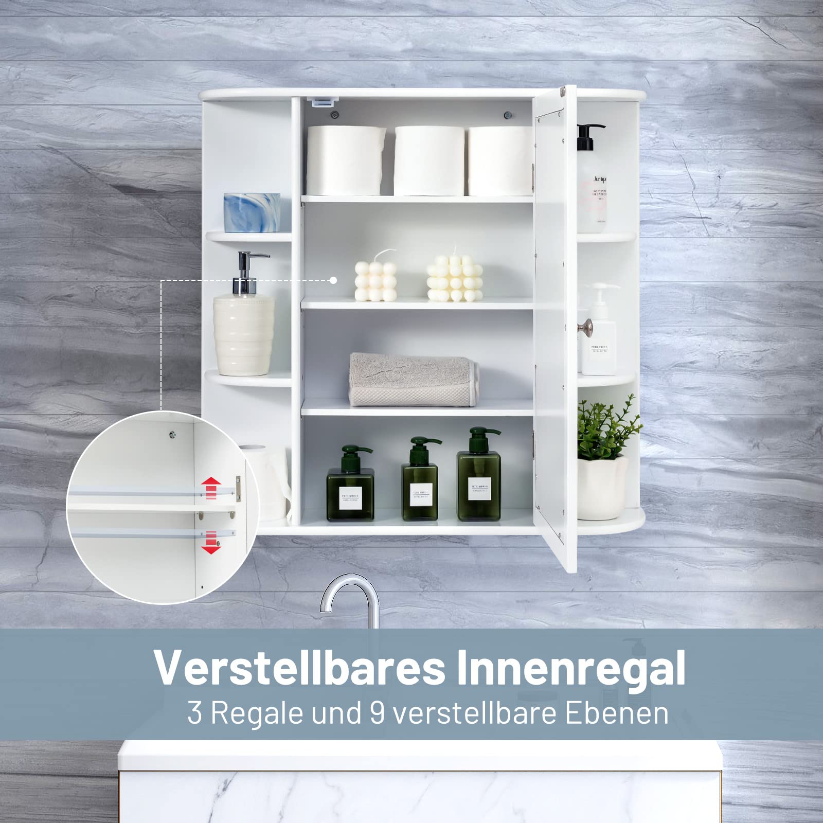 COSTWAY Wisząca Szafka Łazienkowa z Lustrem, 4 Zamykane Półki i 6 Otwartych, Drewniana, 66 x 17 x 63 cm, Biała – Duża Przestrzeń i Nowoczesny Design