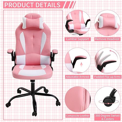 Miniatura 3 de Silla de oficina en casa, linda silla de juegos Kawaii rosa para niña, ergonómica, escritorio de carreras, oficina, ajustable, con respaldo alto,