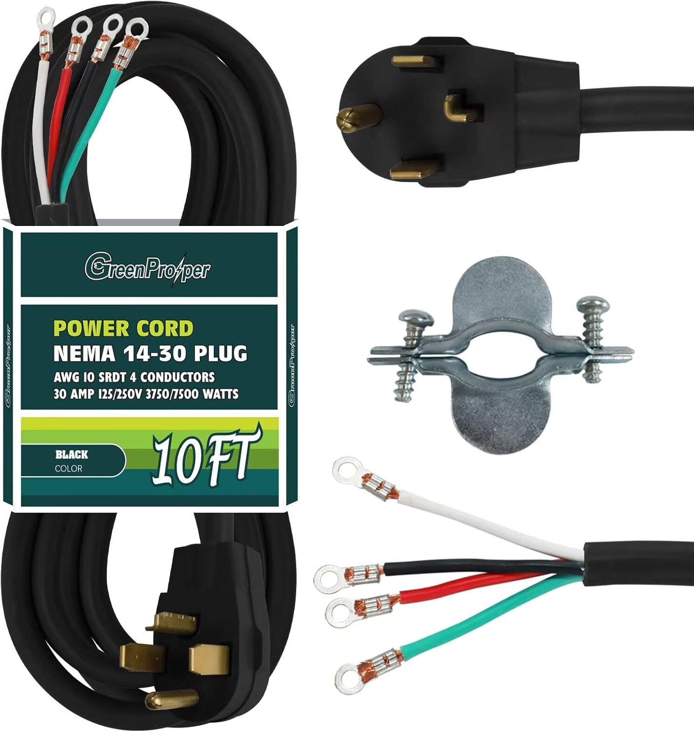 Product image of 4 Prong Dryer Cord 10 Ft, 4 Wire Plug, 30 Amp Appliance Power Cord, NEMA 14-30 Dryer Extension Cord, SRDT, Black
