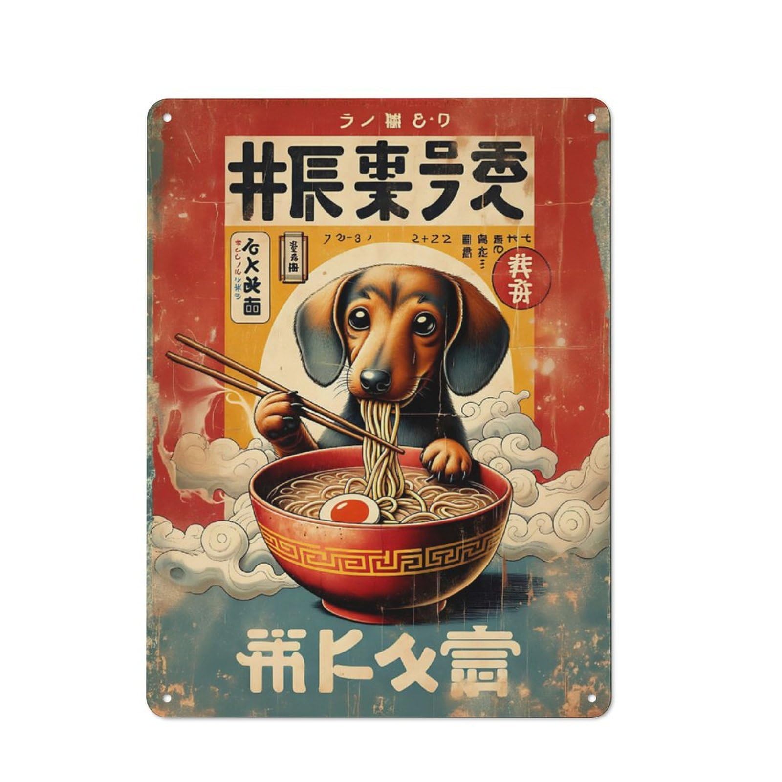Junmoney Dachshund Eating Ramen Vintage Poster Simple Retro Tin Sign 40X30cm Featuring Studio Wall Plaque For Office, Study, Studio Or Hallway