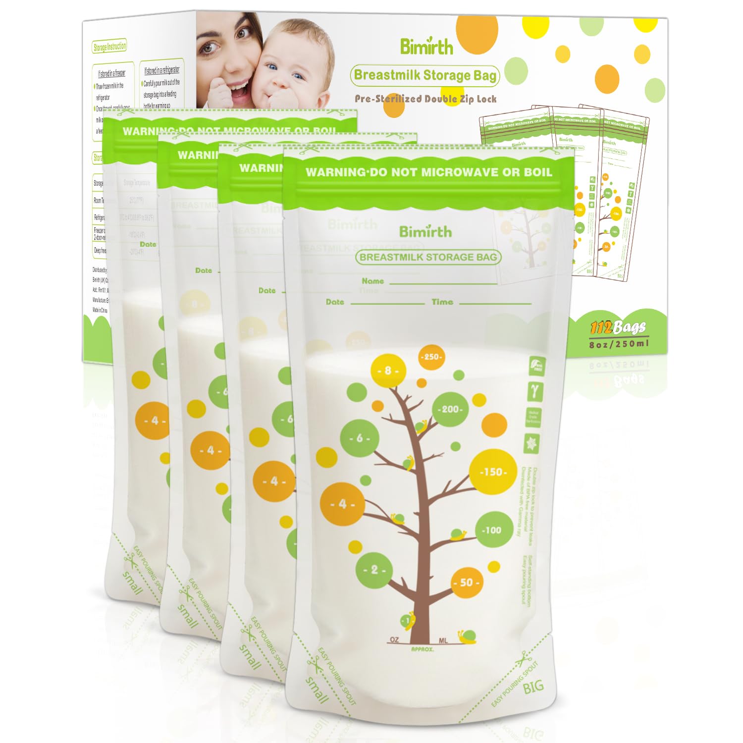 - Bimirth Breast Milk Storage Bags Freezer Safe, 112 Count – 8oz / 250ml, BPA-Free, Leak-Proof Double Zipper, Self-Standing for Storage & Freezing