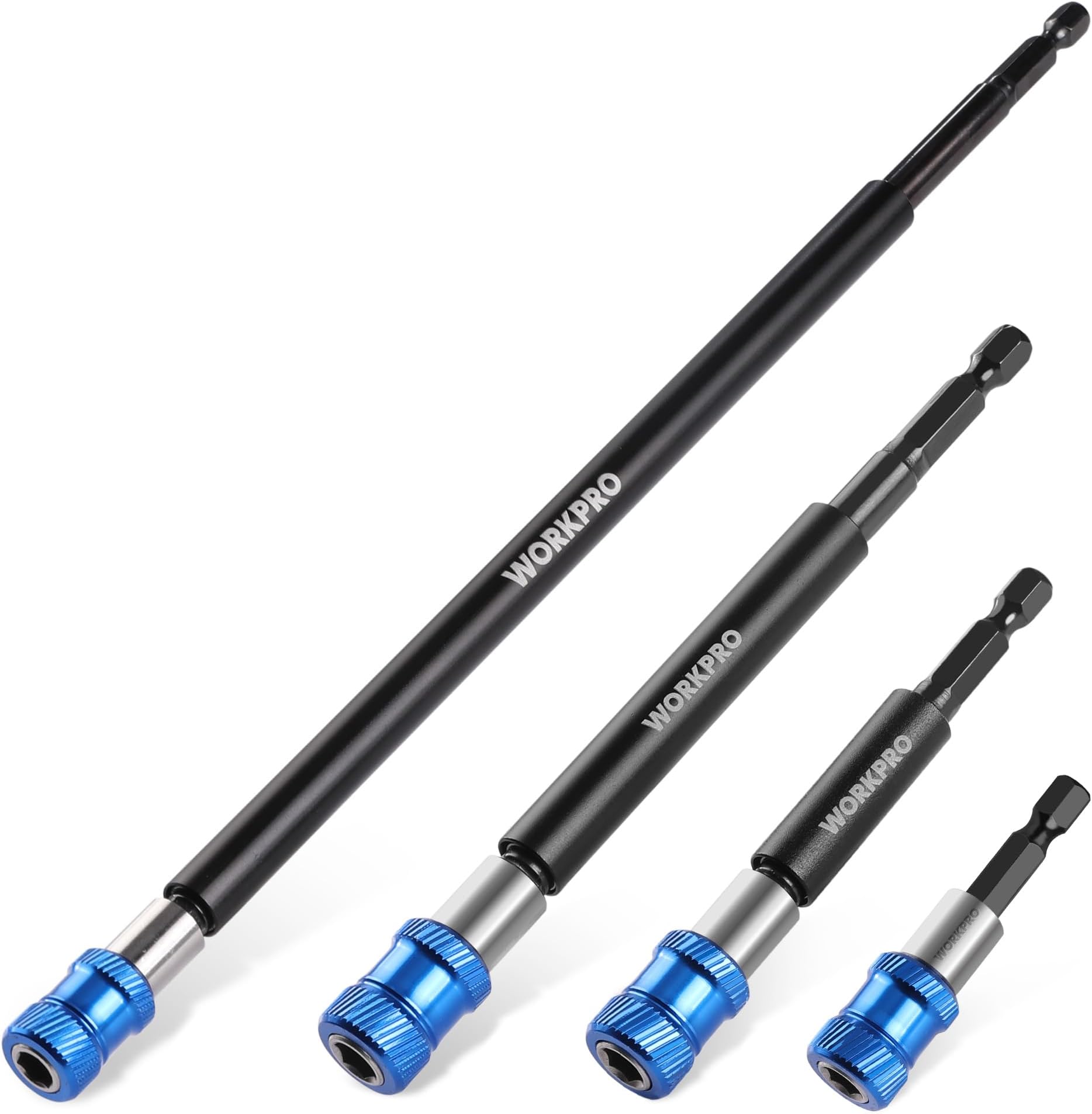 WORKPRO Drill Bit Extension Set, 4Pcs Magnetic Drill Screwdriver Bit Holder Extender with Aluminum Sleeve, 1/4 Inch Hex Quick Release Bit Holder for Impact Driver and Drill in 2-3/8",4",6",12''