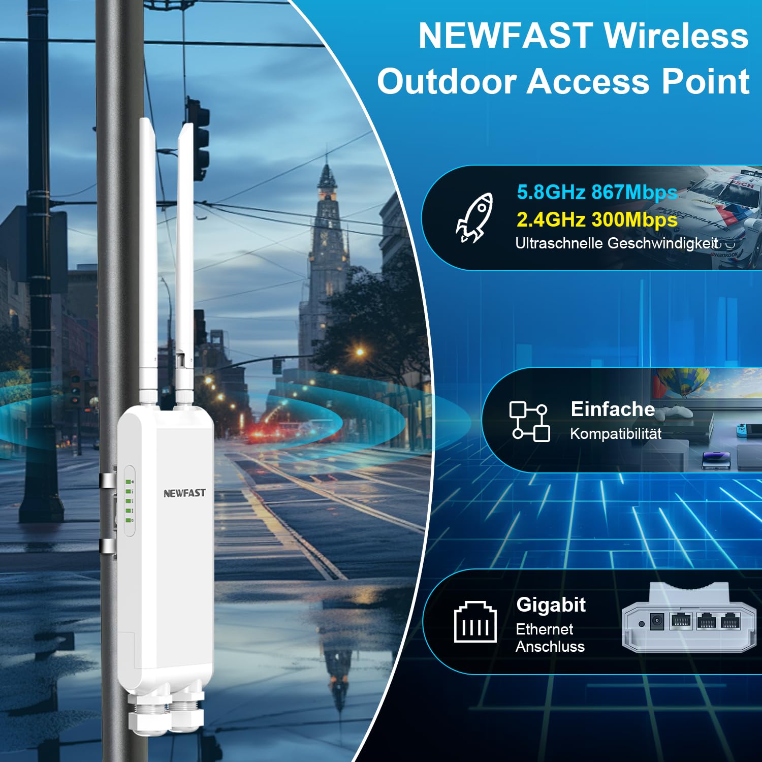 NEWFAST AC1200 Outdoor WLAN Access Point,Wetterfester Dualband Access Point,Ideal für Stabile Internetverbindung im Garten,Auf der Terrasse Oder im Hof,IP66 Water Resistant,PoE Powered,2026 Neuestes