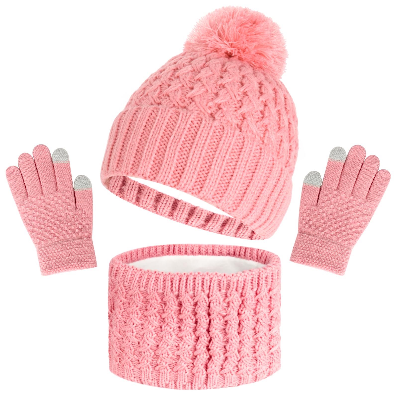 Kids Winter Beanie Hat Scarf Touchscreen Gloves Set, Fleece Lining Boys Girls Winter Hat Neck Warmer Gloves for 1-6 Years
