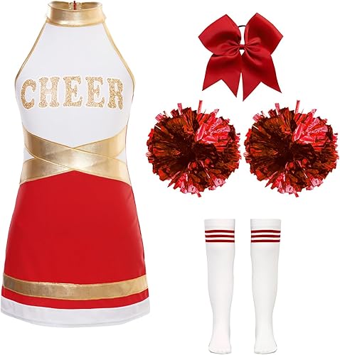 Miniatura 3 de YiZYiF Disfraz de líder de animadora de Halloween para niñas, uniforme de animación, vestido de baile de gimnasia con pompones, medias y corbata