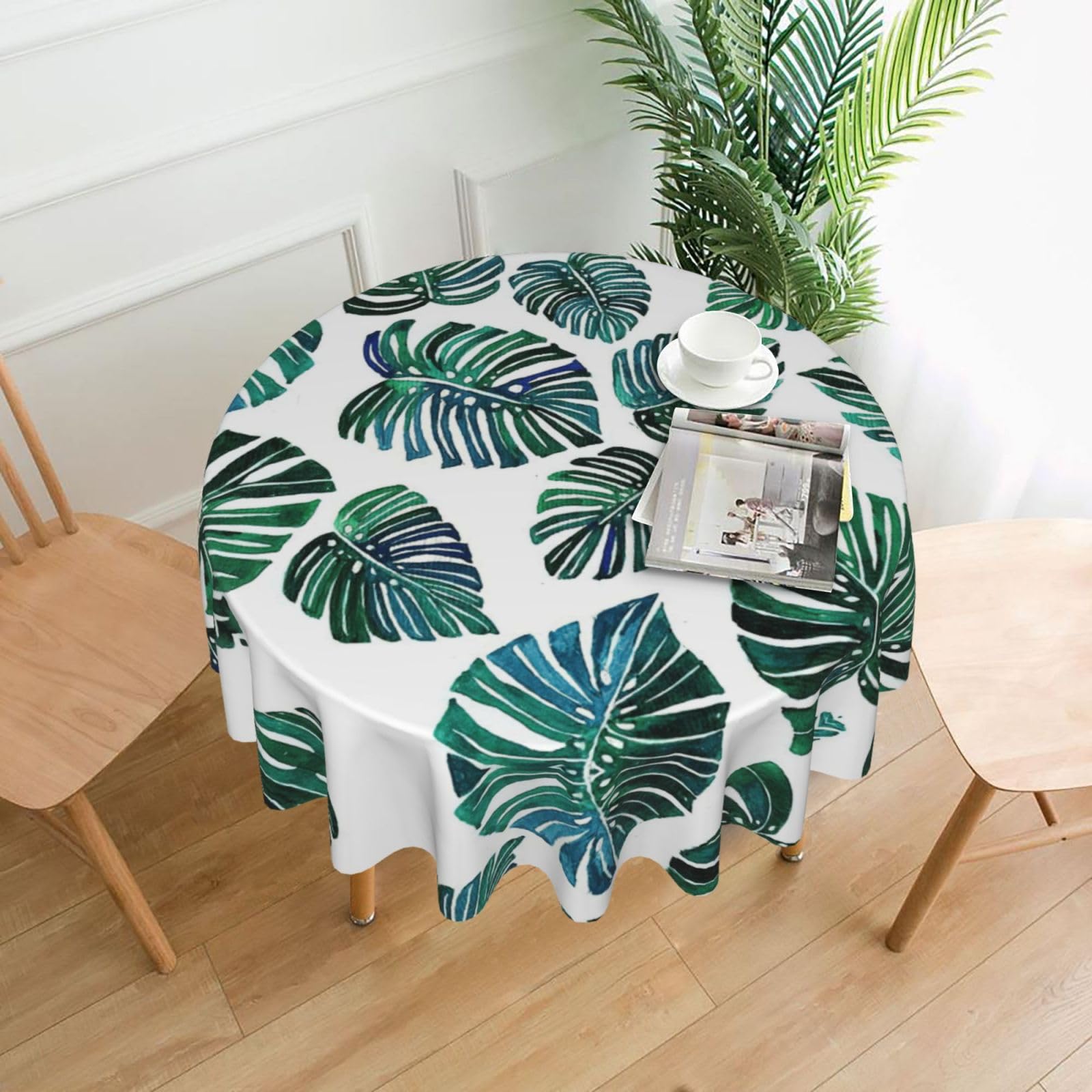SDEGTHO Banana Leaves Print Modern Retro Round Tablecloth 60in Polyester Fabric Cover for Party Dining Table Washable