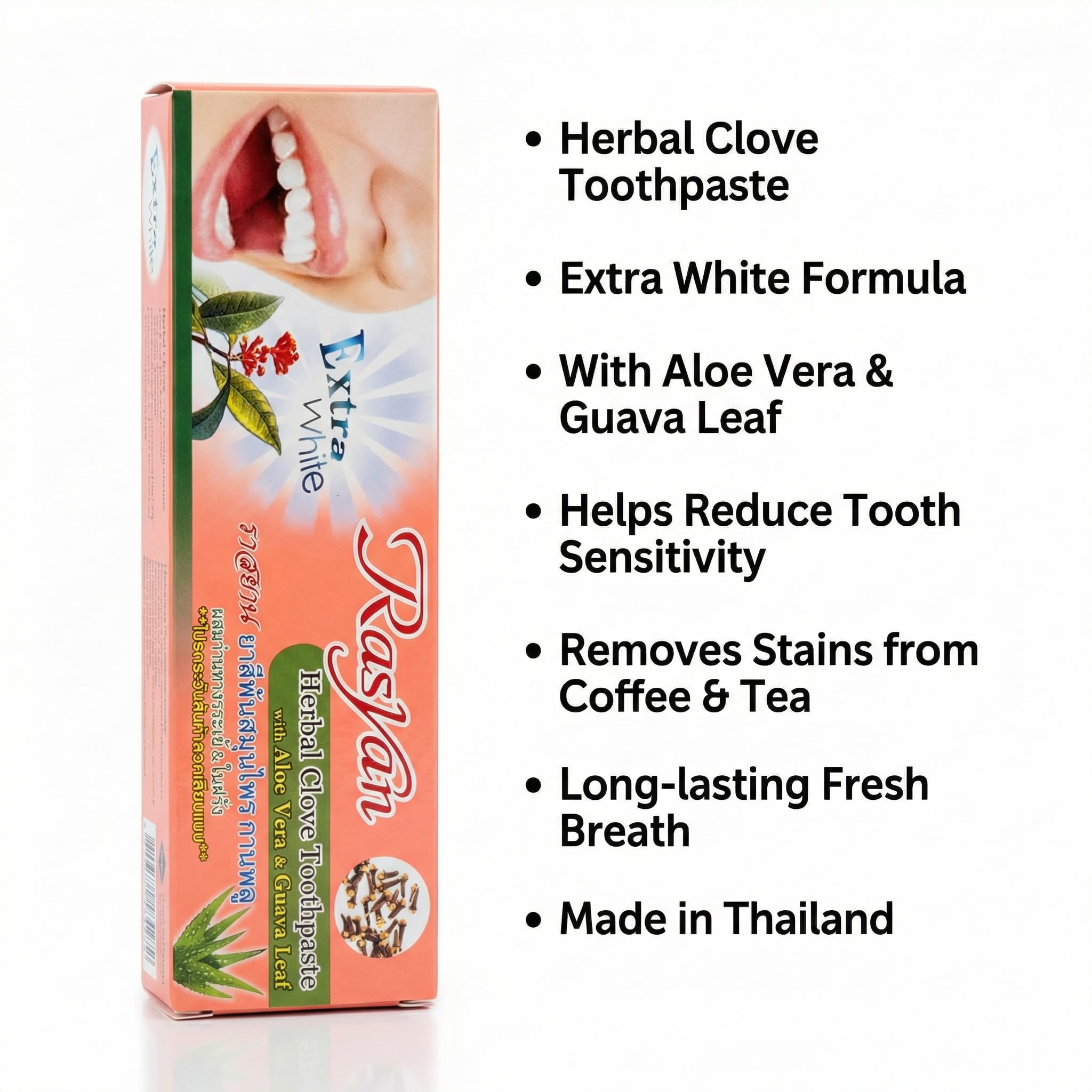 RasYan Dentifrice Herbal au Clou de Girofle. Aloe Vera & Feuille de Goyave - Pâte Dentaire Extra Blanc pour Hygiène Bucco-dentaire - 100g - Fabriqué en Thaïlande