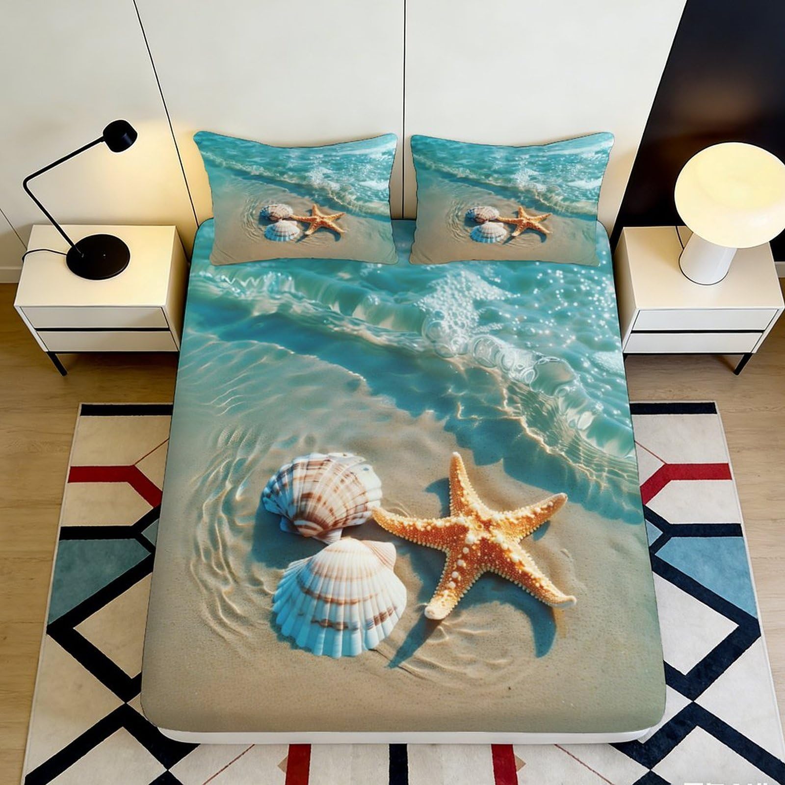 Jqzkxnhpbr Style-2 3D Printed Ocean Beach Fitted Sheet Microfiber Soft Starfish Seashell Mattress Cover For Bedroom Guestroom Decor 90X200x25cm